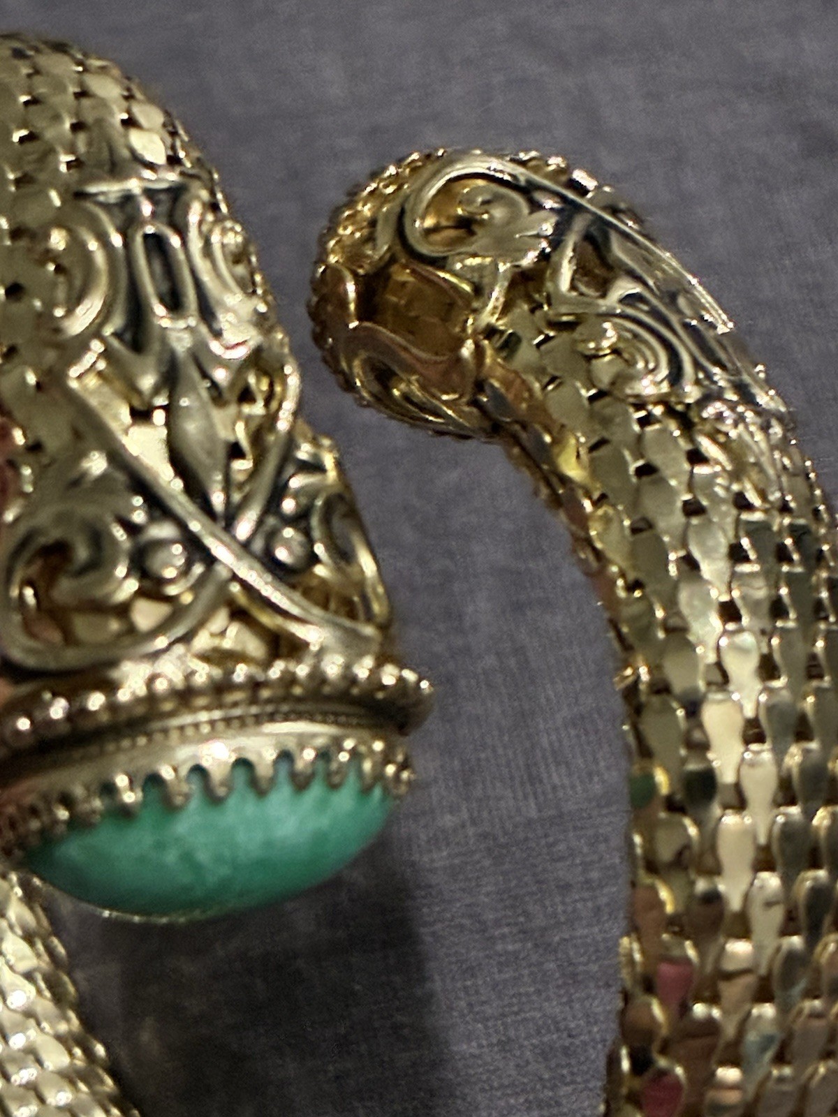Vintage Whiting & Davis Mesh Snake Wrap Bracelet Green Peking Glass Cabachon