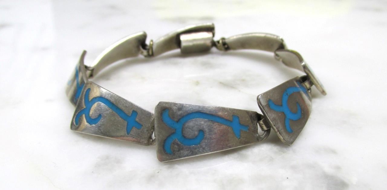 Taxco Sterling Silver Blue Enamel Design Link Bracelet ~ 7-1/4″ ~ 21g ~ 5-C436