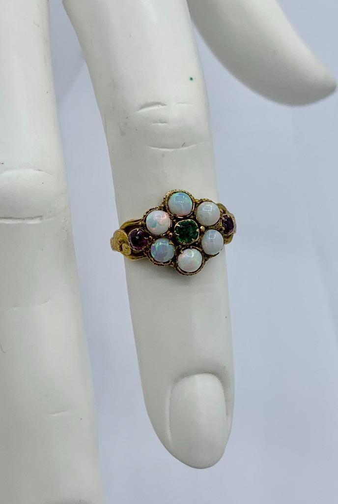 Victorian Opal Emerald Ruby Ring Antique Wedding Engagement Ring 14 Karat Gold