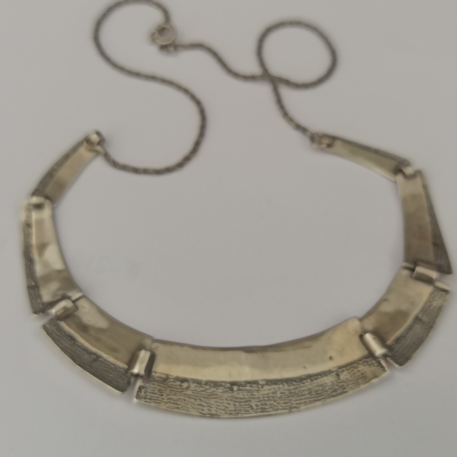 VTG Silver Artisan Necklace Modernist Articulated Links Textured Bib 90s Gift