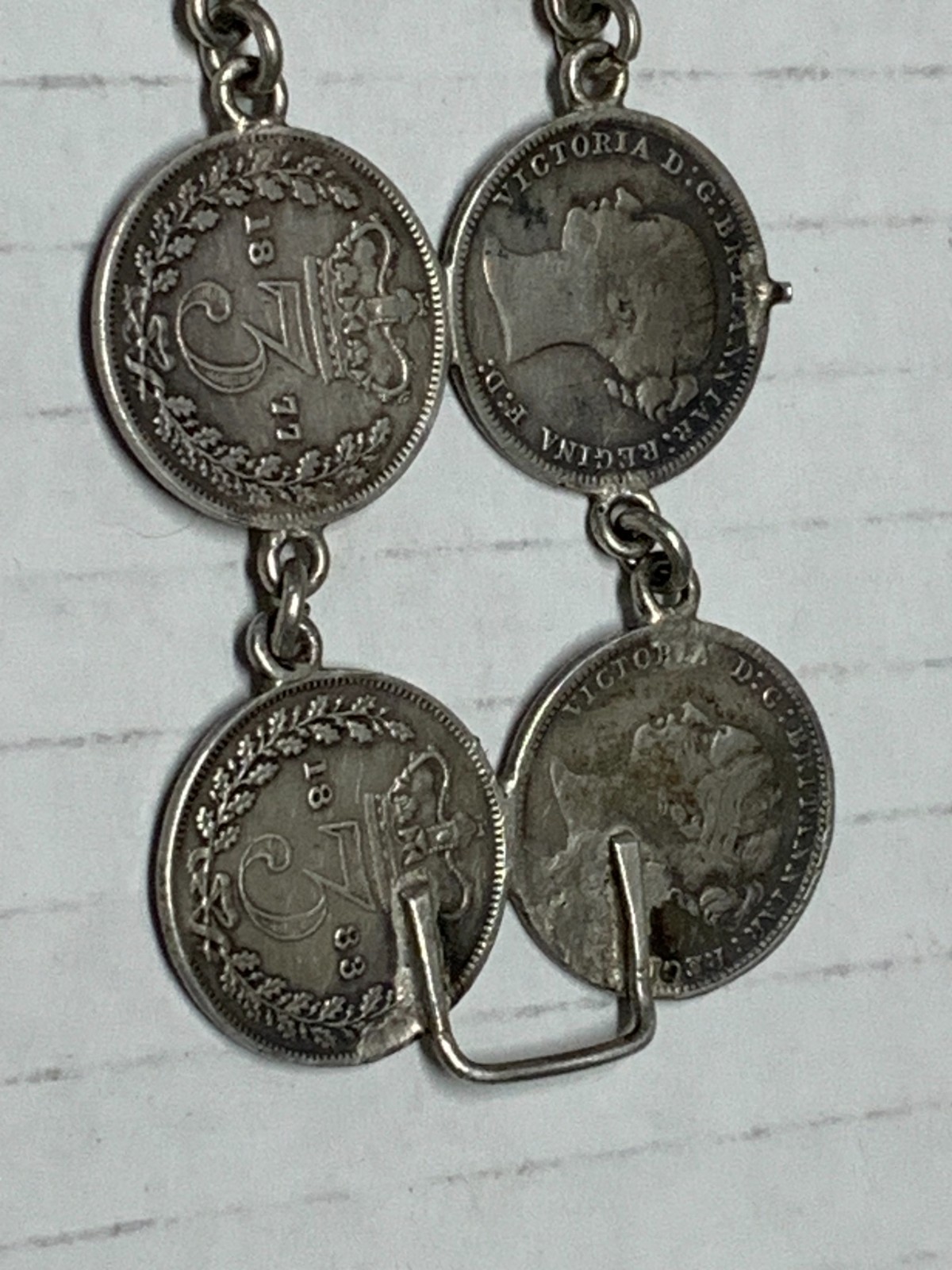 VINTAGE BRITISH COIN LINK BRACELET VICTORIAN ERA, 20-3 PENCE COINS 1873-1884
