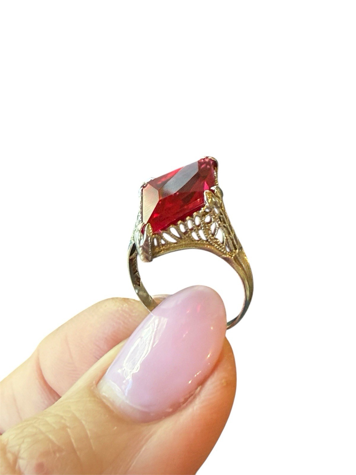 Antique Art Deco 14k White Gold Filigree Ring with a Kite Cut Ruby lab created