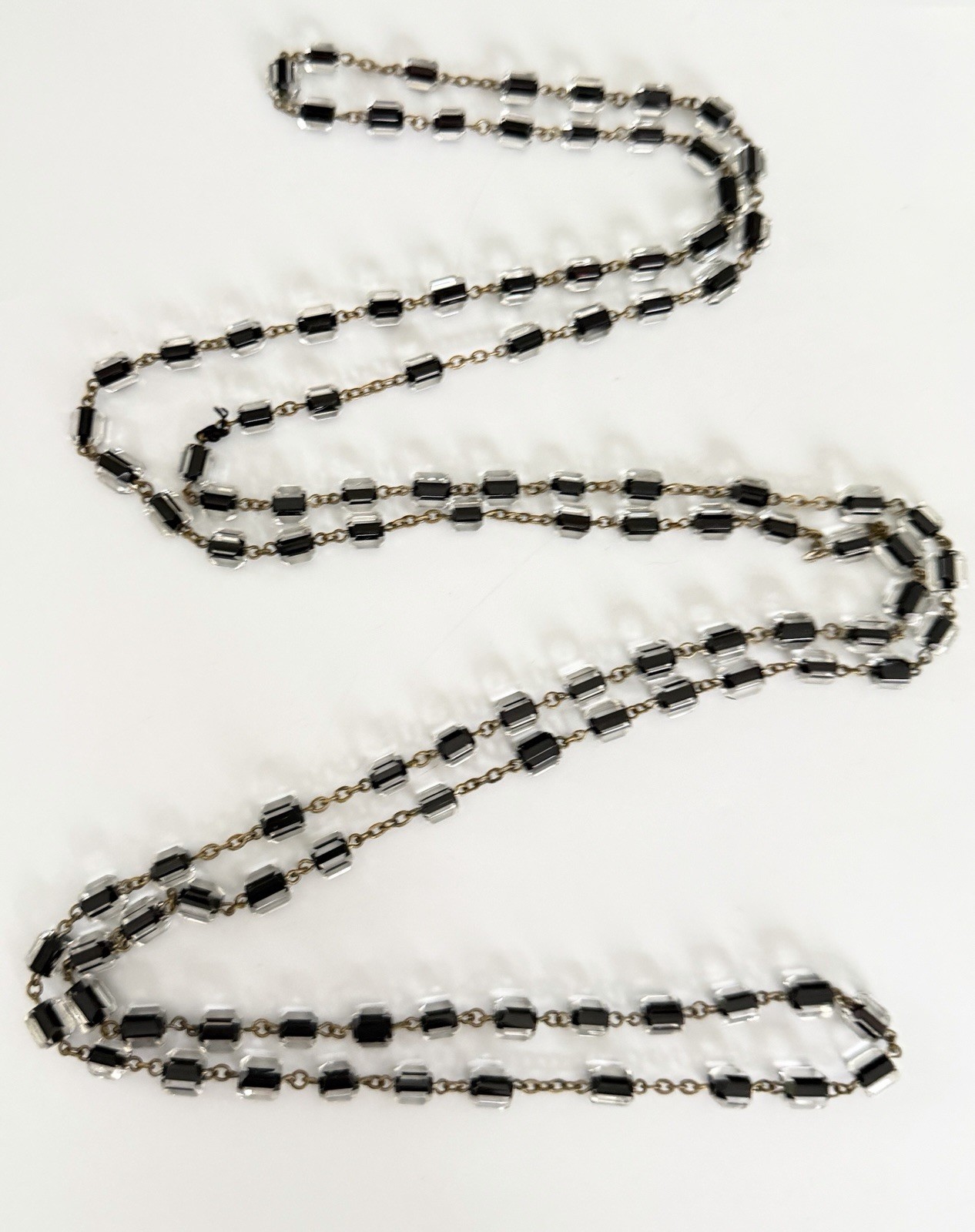 Antique Czech Jet Black & Clear Geometric Glass Bead 60″ + Extra Long Necklace