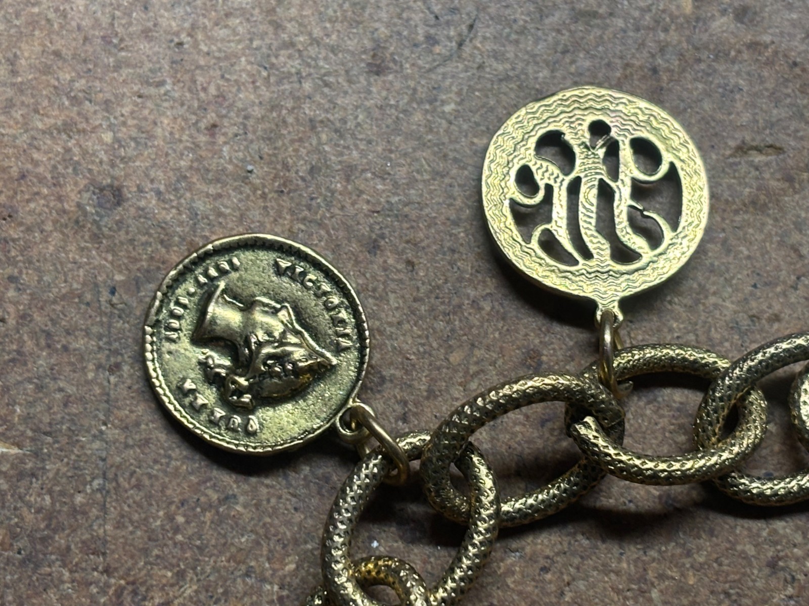 Vintage YOCHI NY Multi Chain Link GREEN ROMAN BRITISH SWISS GOLD COIN Bracelet