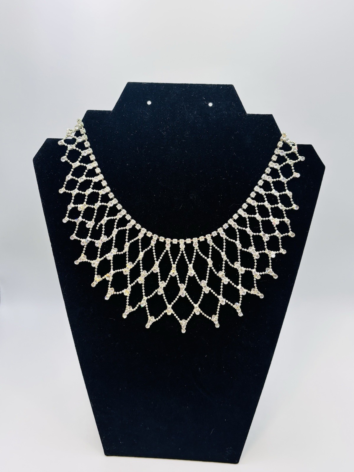 Vintage Rhinestone Bib Collar Necklace Silver Tone Drape Lattice Statement