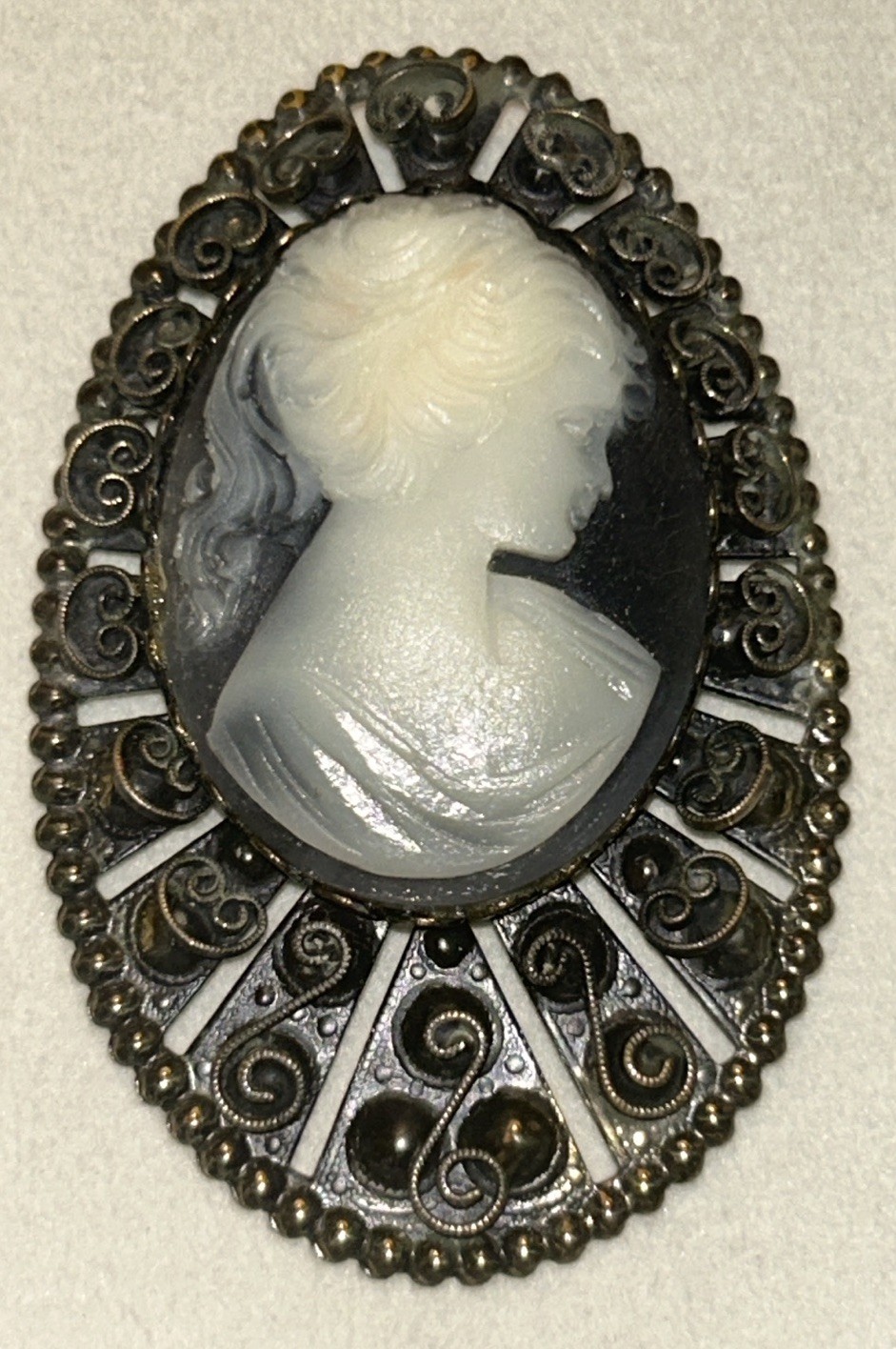 Vintage Cameo Brooch Black & White Lady Filigree Frame 2.75” Statement 1960 Gold