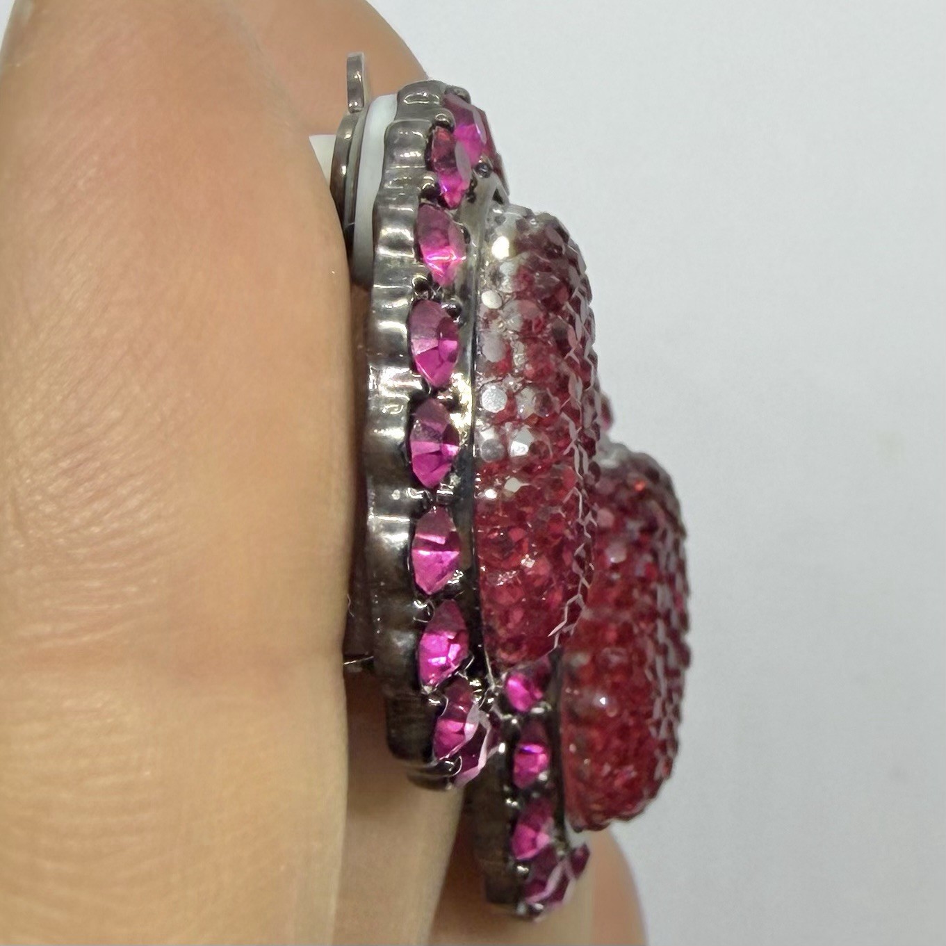Vtg Raspberry Pink Druzy Rhinestone Gunmetal Statement Earrings Oval Huggie Clip