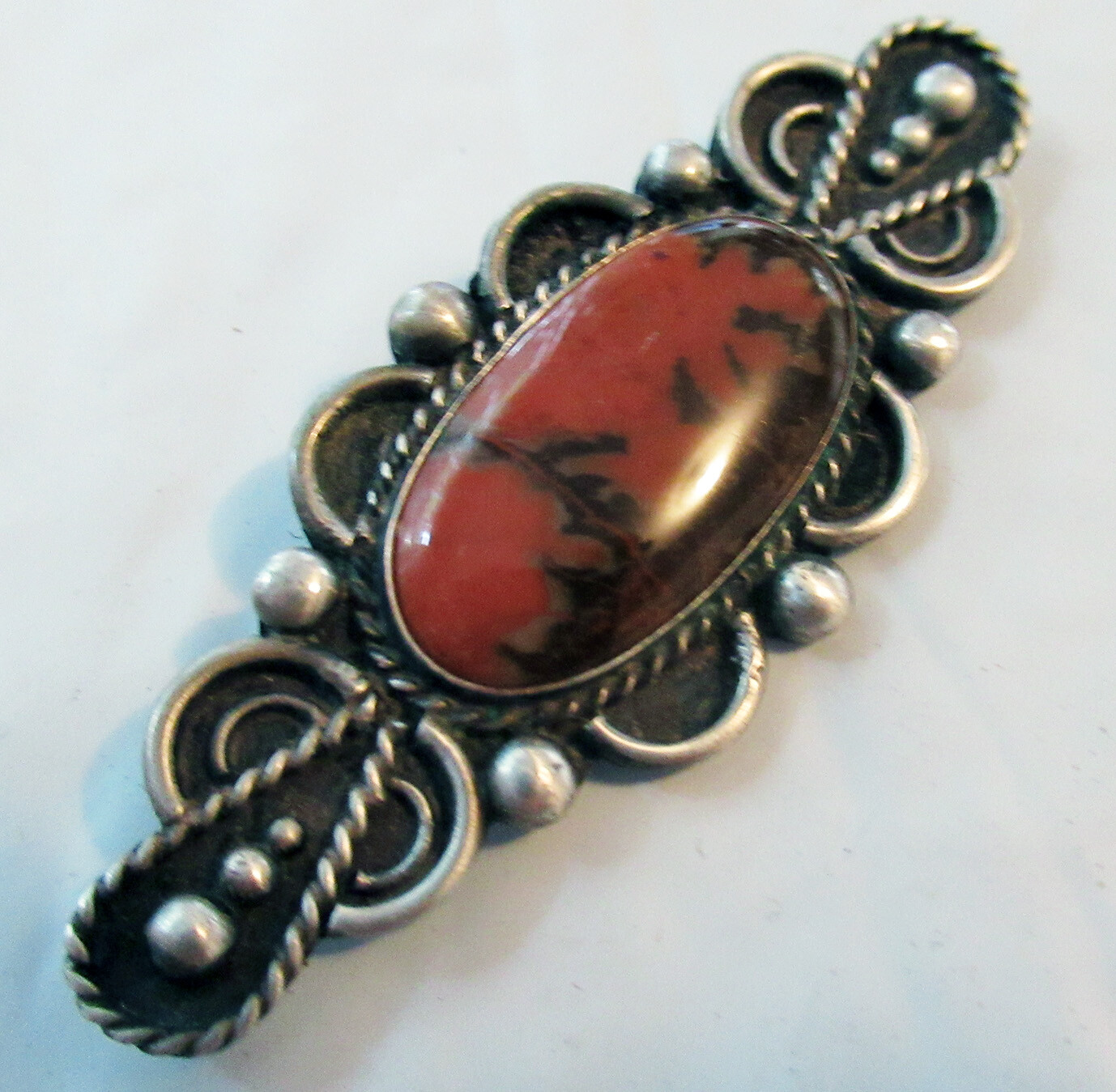 2 3/8 INCHES VINTAGE NAVAJO STERLING PETRIFIED WOOD PENDANT NECKLACE BROOCH