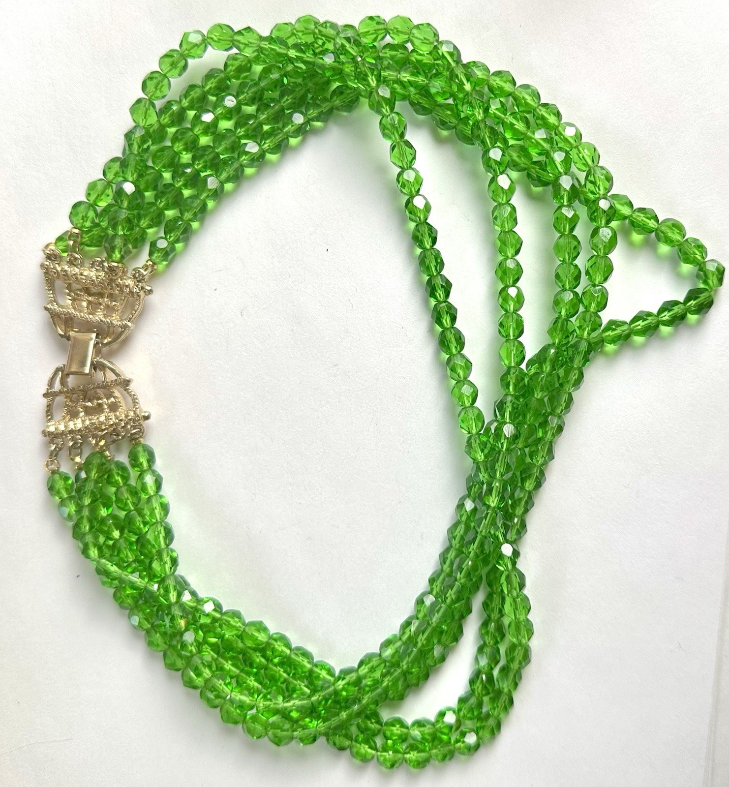 VTG Etruscan Revival Vivid Green Heavy 5-strand Glass Necklace Faux Pearls