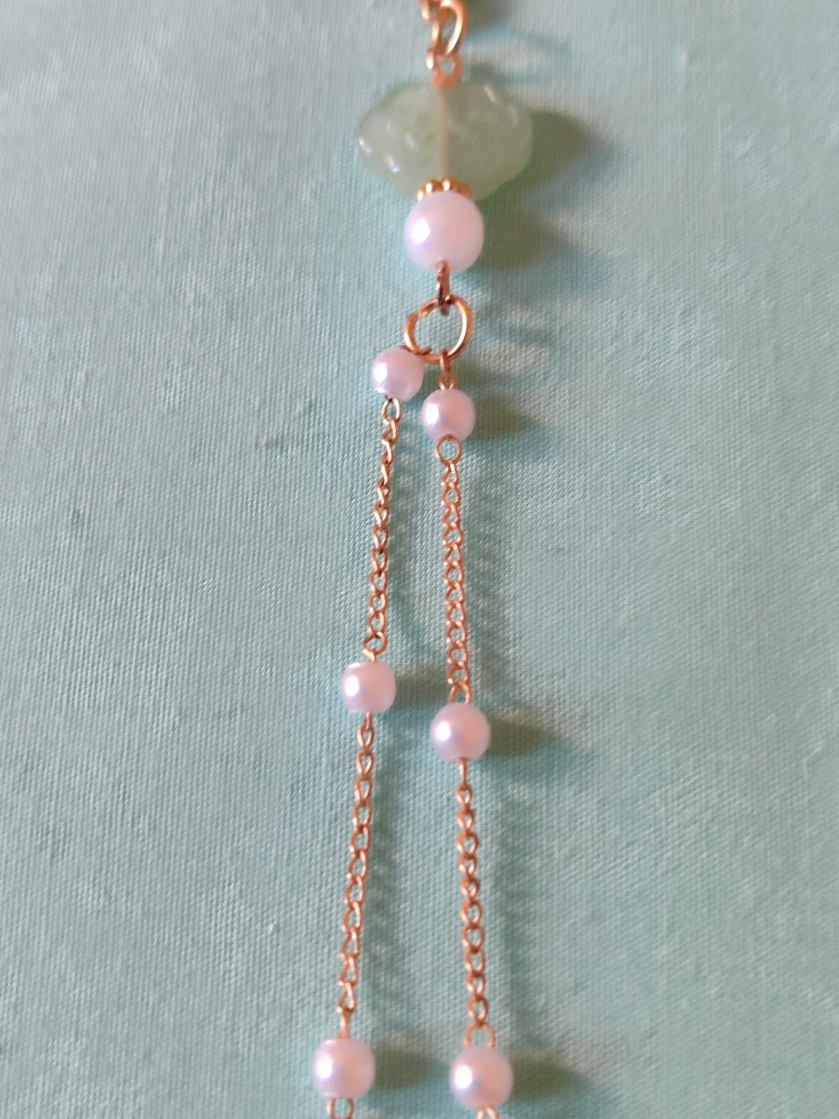 Asian Style Dangle Charm Faux Jade Glass Pearl Gold Tone Double Strand Kimono