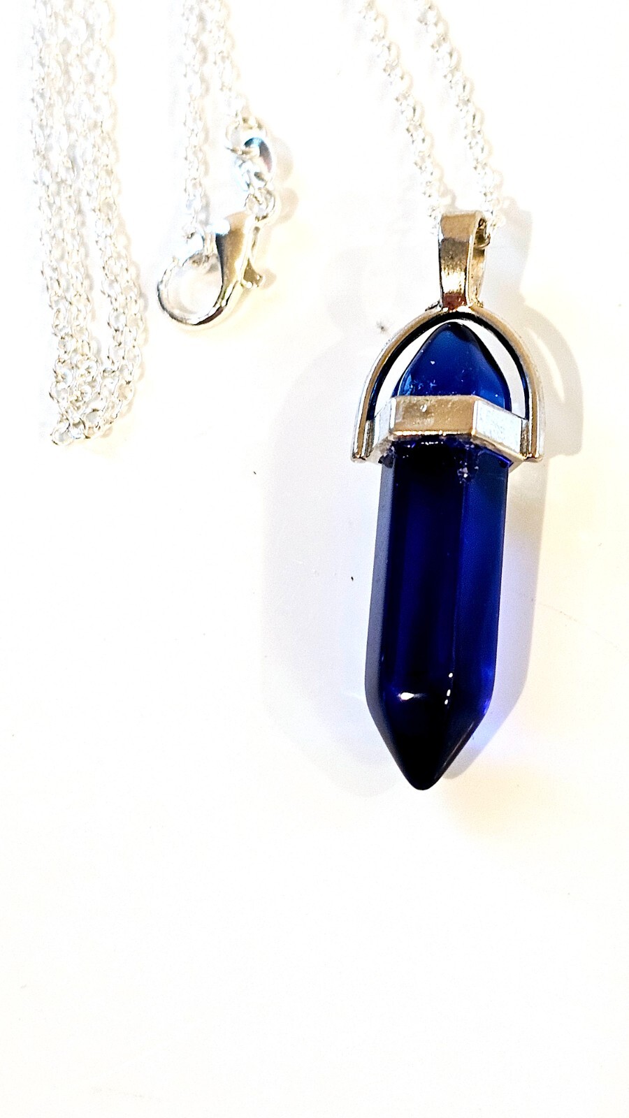 Blue Crystal Quartz Bullet Point Pendant Necklace on 24′ Silver Chain