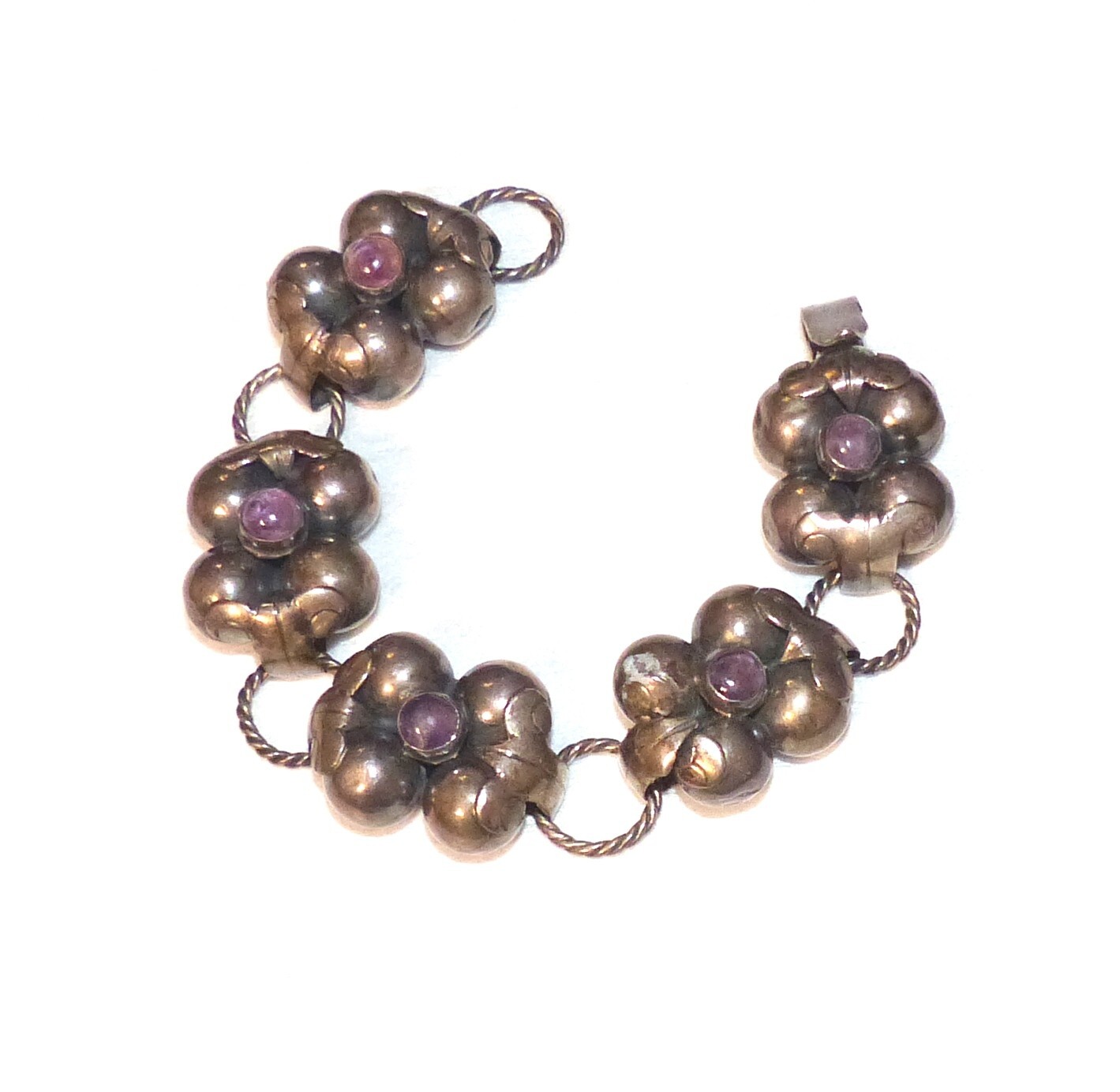 Mexican Silver Amethyst Bracelet With Slver Rope Links Vintage