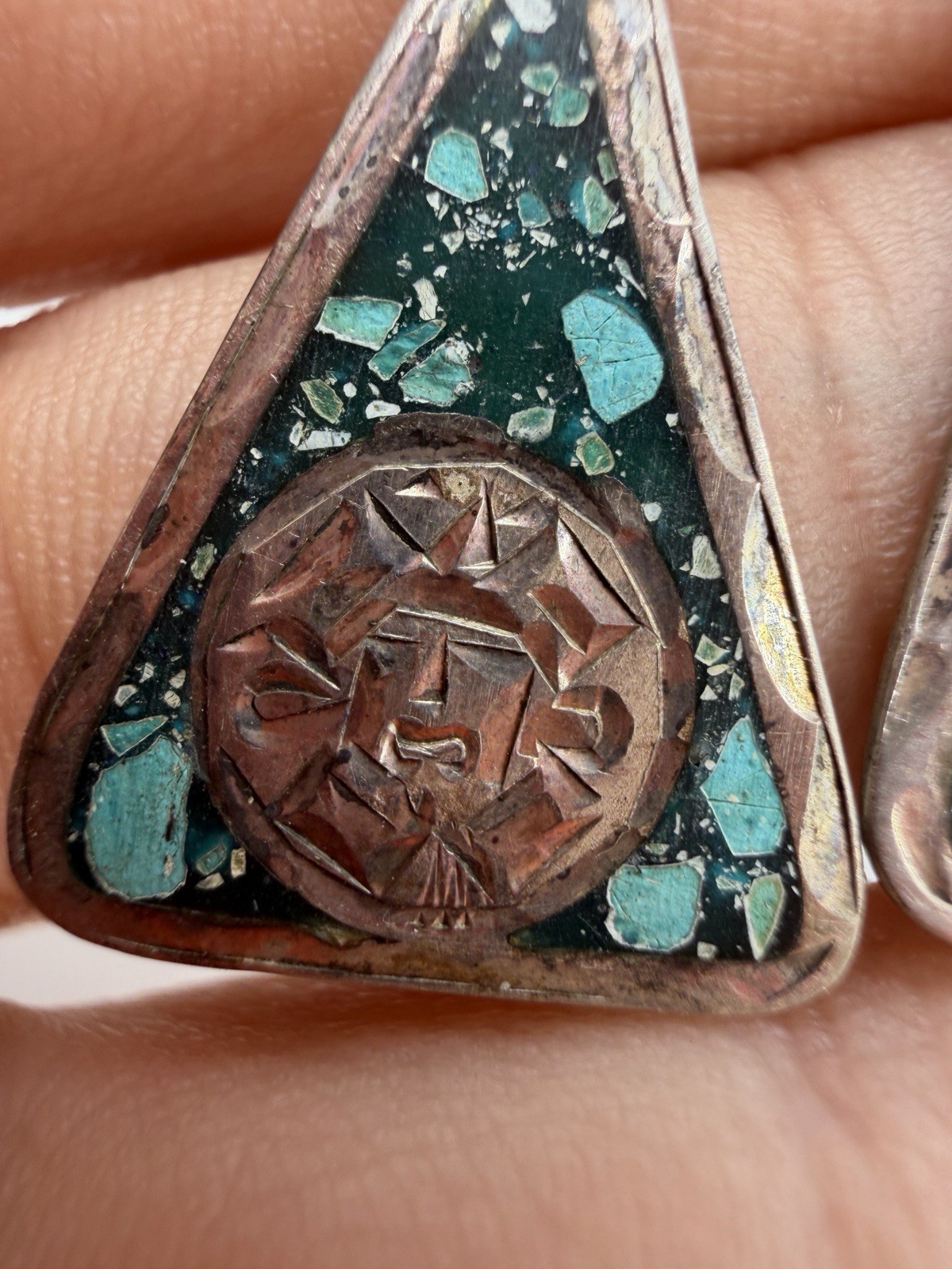 Vintage Earrings Mexico Guadalajara Dangle Triangle Turquoise Chip Inlay 925