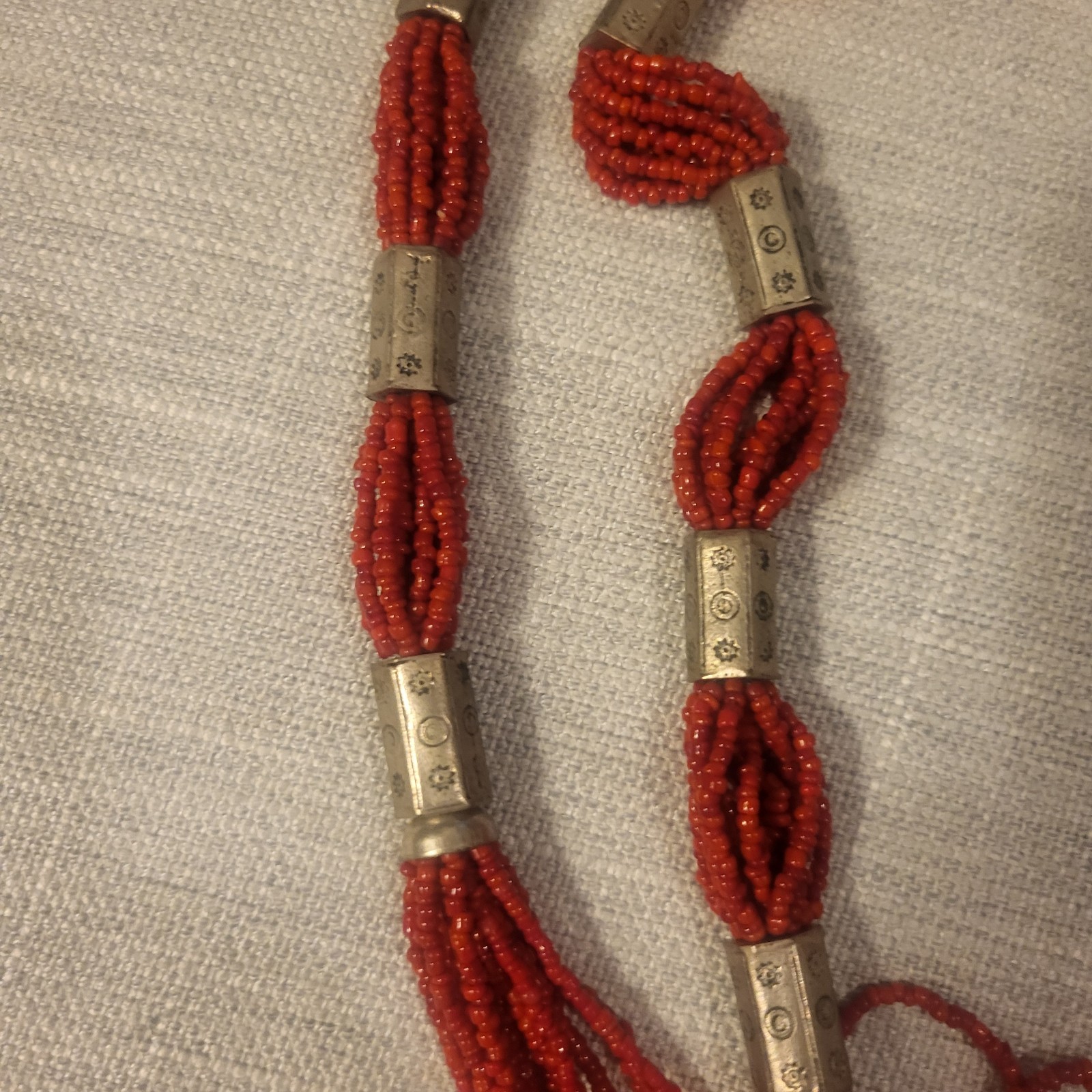 Vintage Ethnic Multi Strand Red Glass Seed Bead Open Wrap Double Tassel Necklace