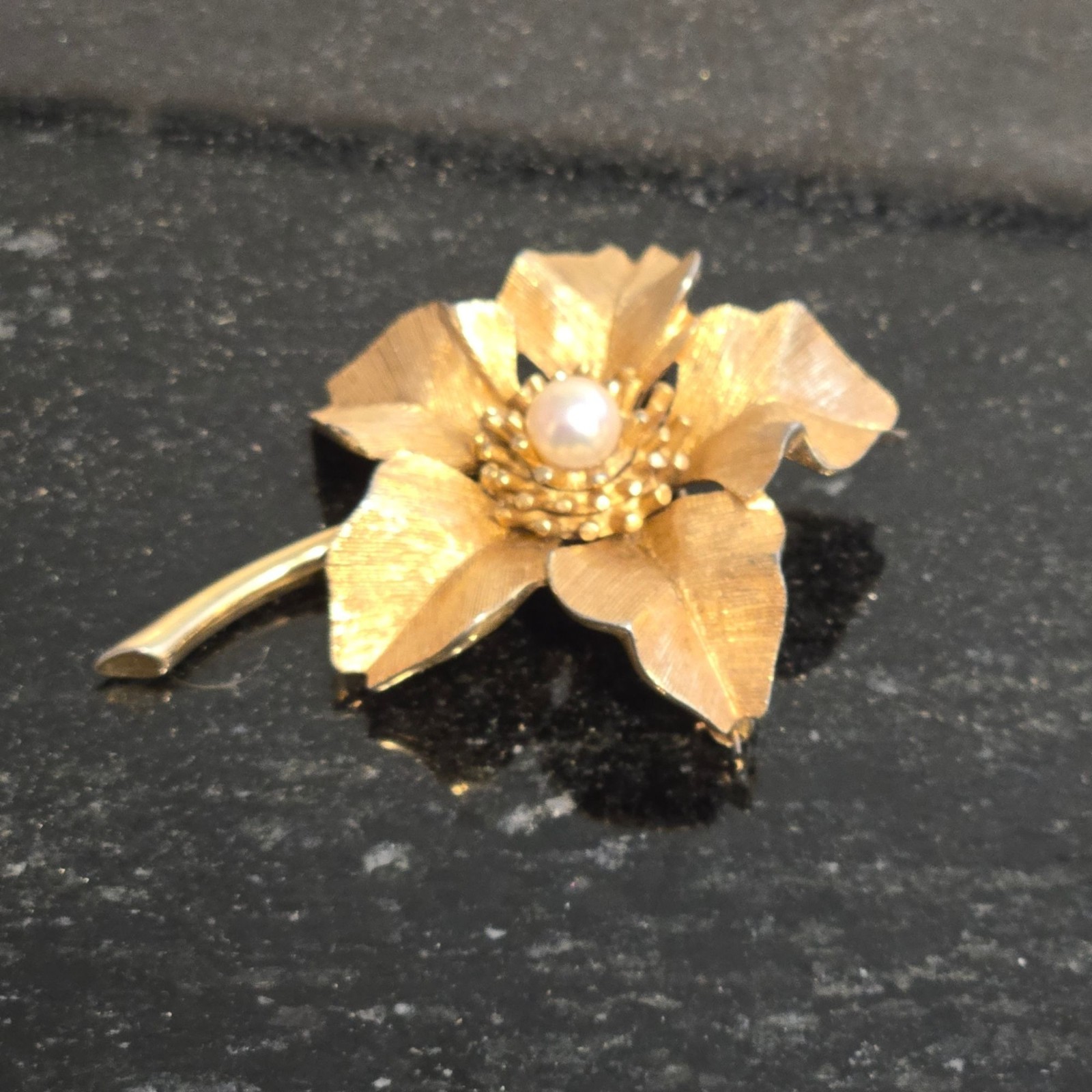 Vintage MARCEL BOUCHER Brooch with Pearl Gold Tone Flower 1960s Jewelry signed