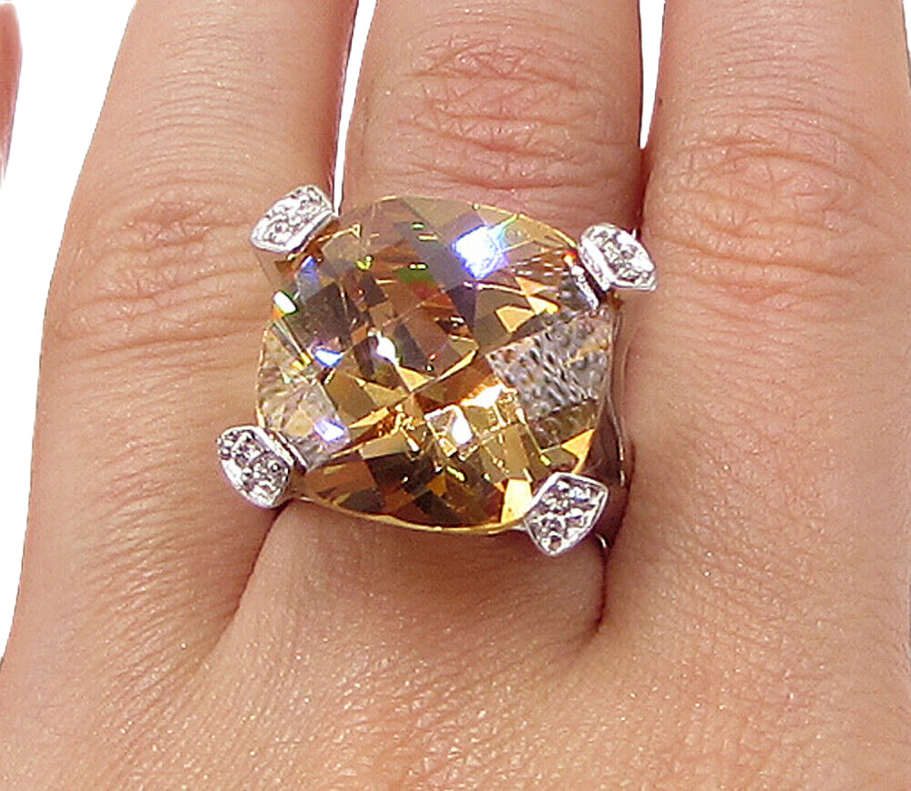 925 Sterling Silver Citrine & White Cubic Zirconia Cocktail Ring Sz 7 RG3441