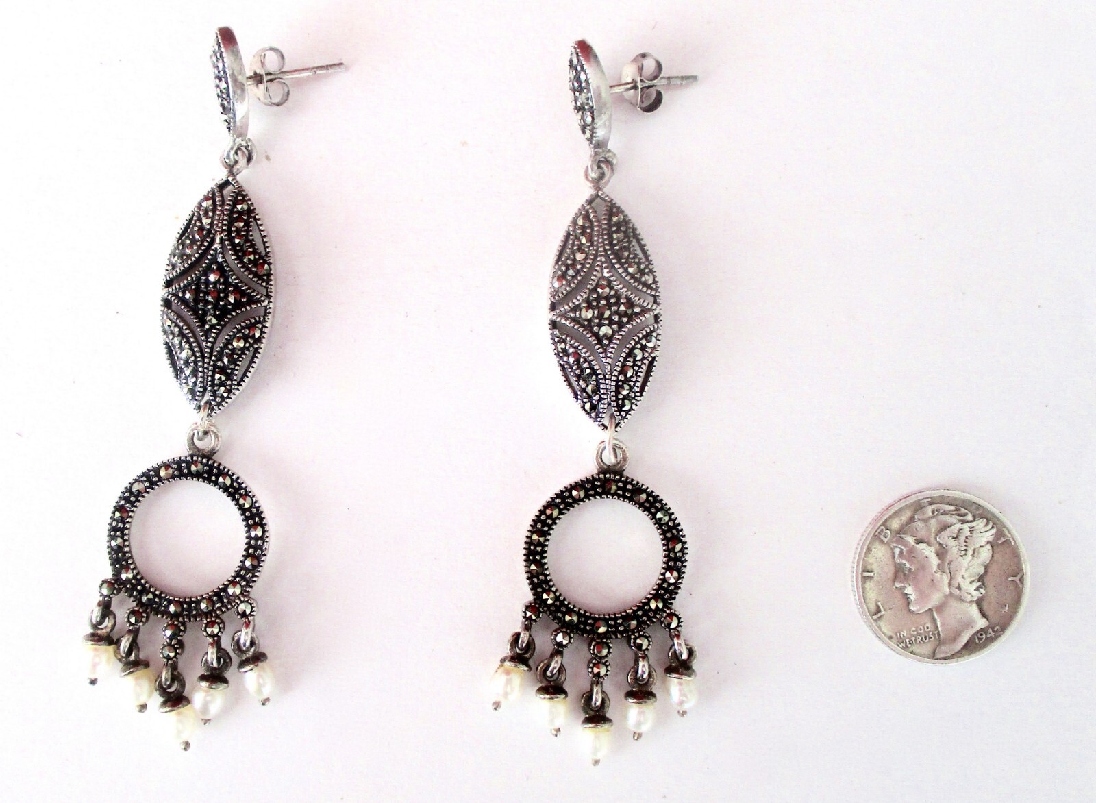 Pair of Vintage Sterling Silver & Marcasite Earrings With Pearls/Boho/Hippie/