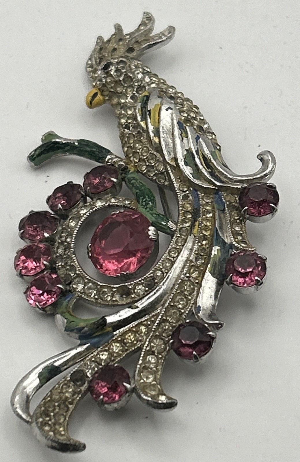 Vntg 3.5” Cockatoo Bird Brooch Pink Rhinestones Enamel Pin Unsigned Coro Read