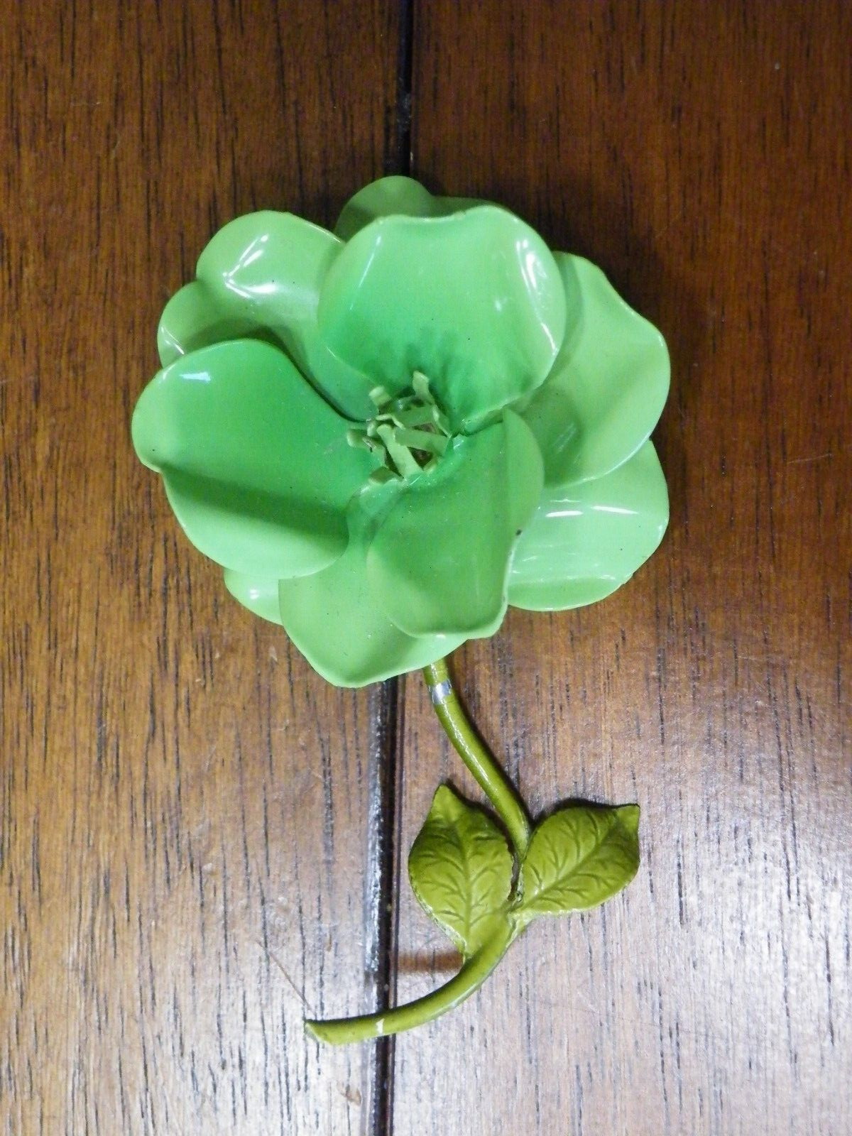 Vintage LIME GREEN Metal Enamel Stemmed FLOWER High Relief PIN BROOCH Free Ship