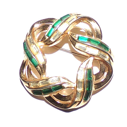 CROWN TRIFARI PAT. PEND signed pin with green and clear channel set stones–OMG!