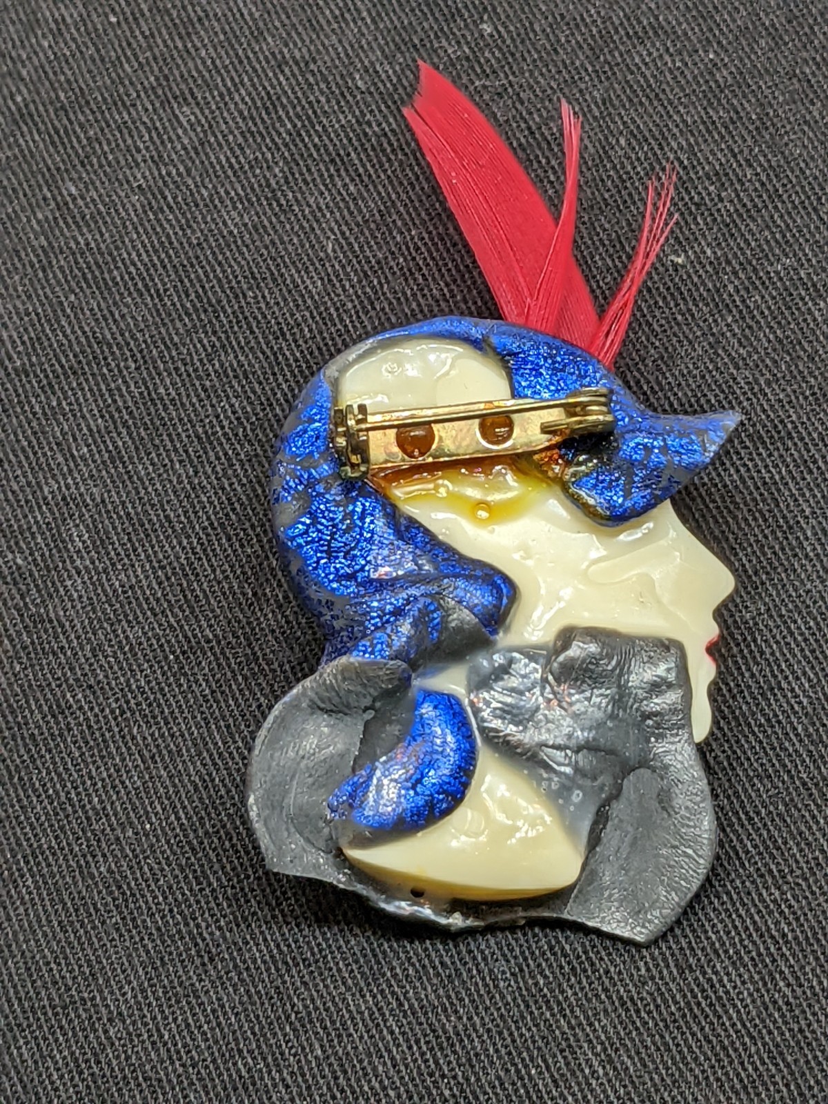 Vintage Lady Head Brooch Blue Glitter Hat Red Rhinestones Feather Pin Retro
