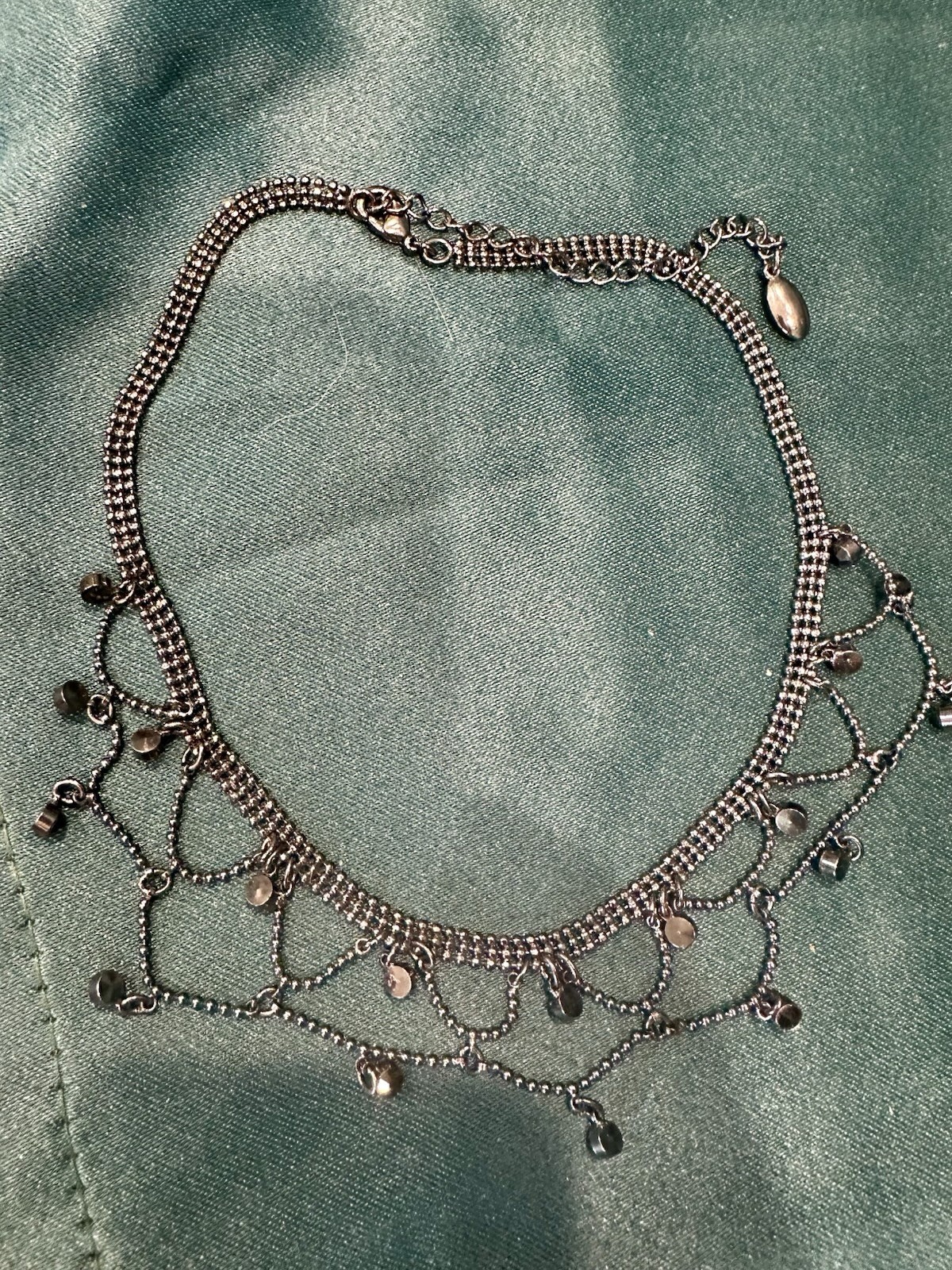 Gwen Signed Silver Tone Ball Chain Festoon Choker Disc Charms Adjustable 17″