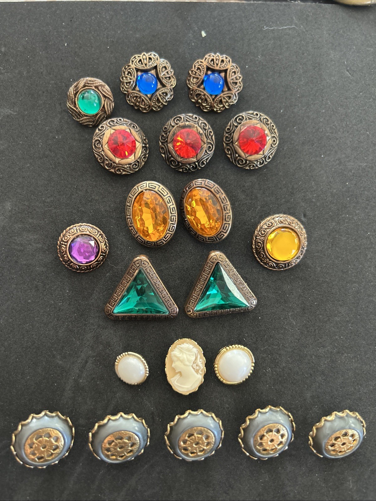 Vintage Costume Jewelry Button Lot Of 20 Yellow Red Blue Purple Green Gray White