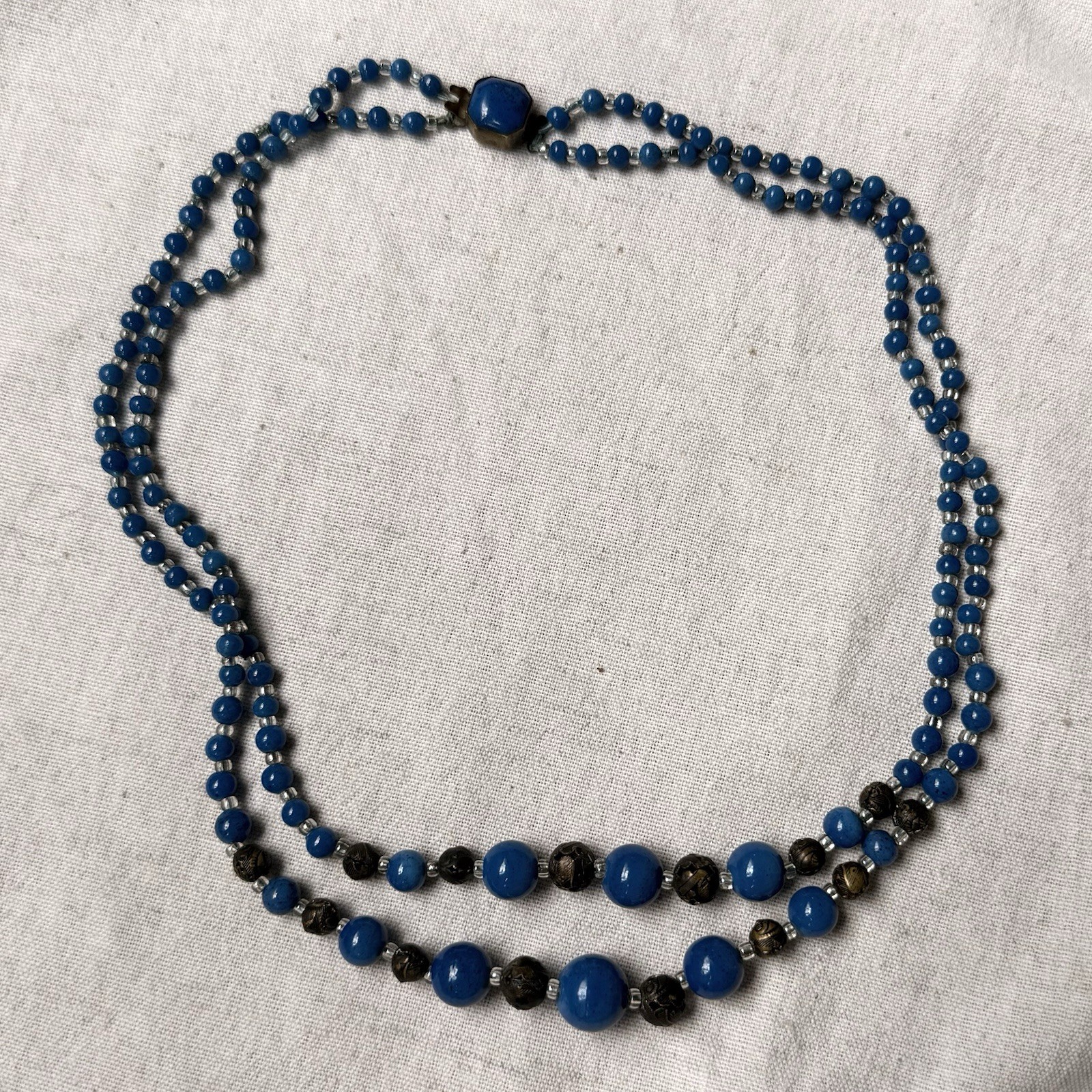 Art Deco Czech Blue Glass Double Strand Necklace Filigree Beads 19”