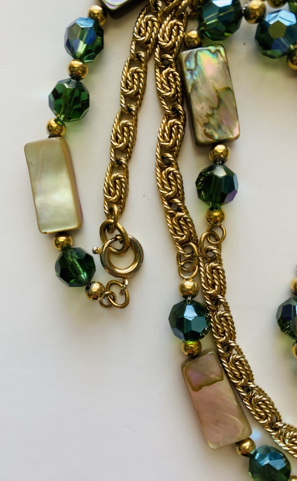 Vintage 80s NAPIER Necklace Abalone Mother Of Pearl & Green Crystals Boho Chic