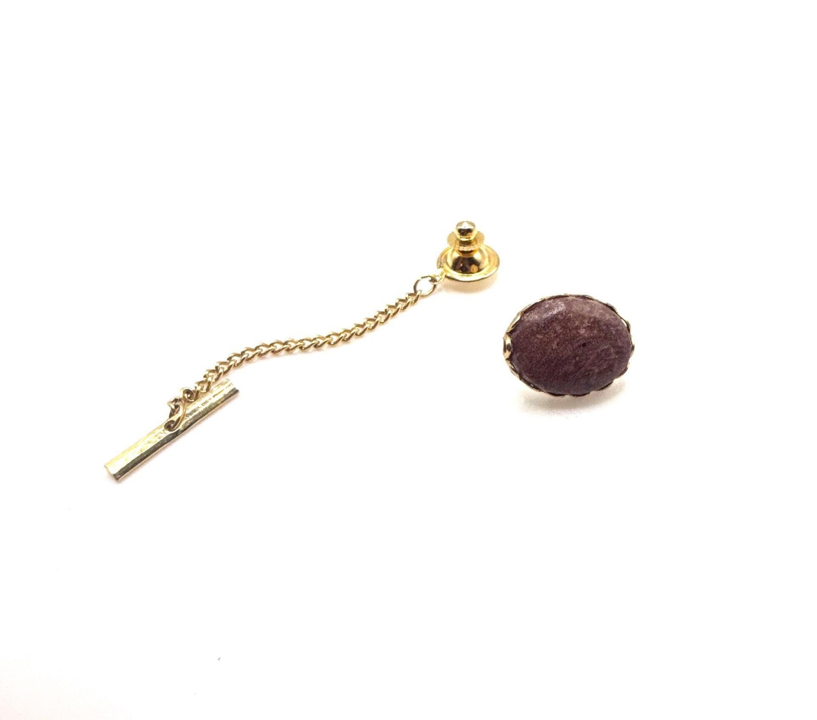 Vintage gold tone pink hue oval stone tie clip pin with chain