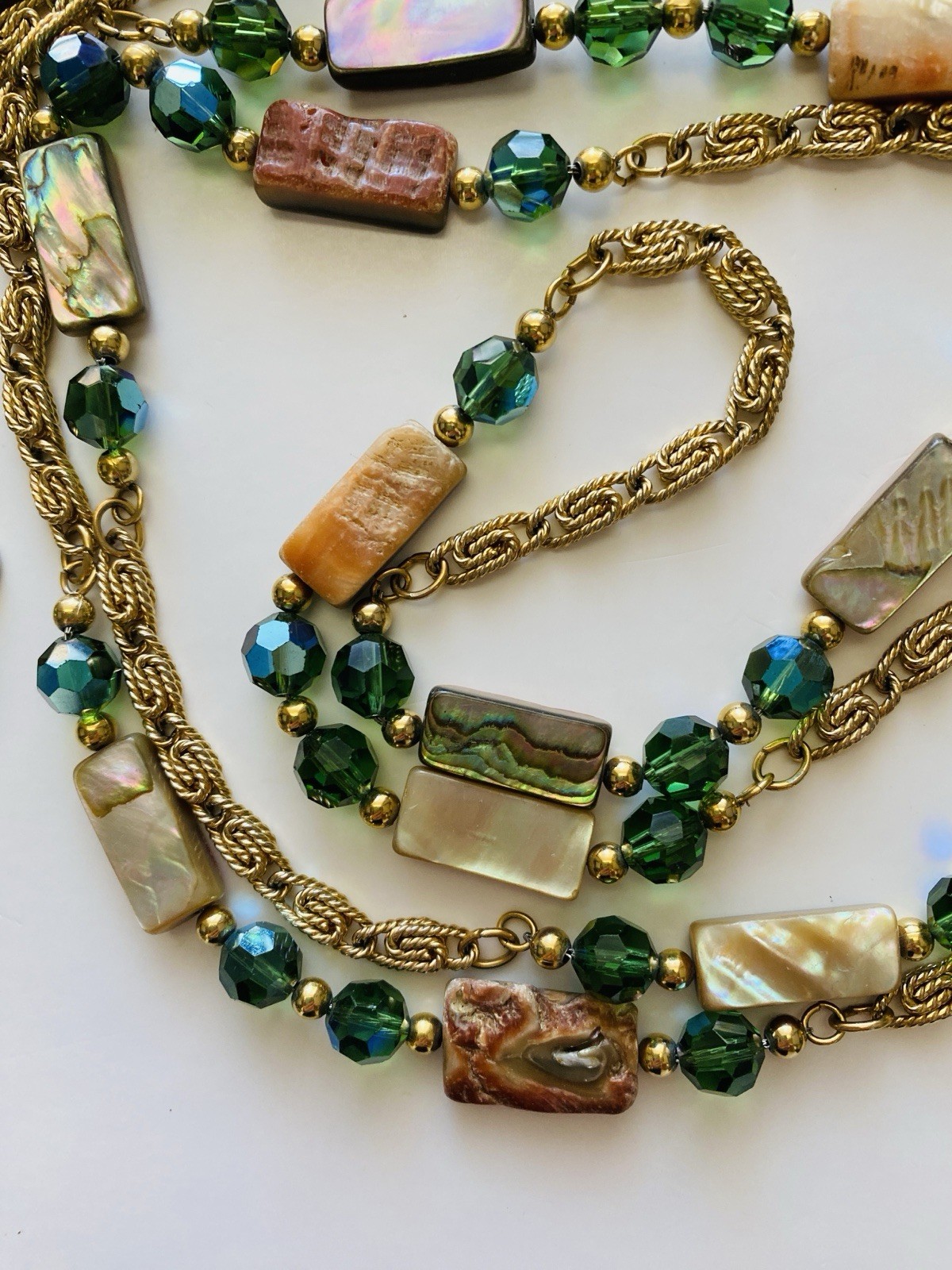 Vintage 80s NAPIER Necklace Abalone Mother Of Pearl & Green Crystals Boho Chic