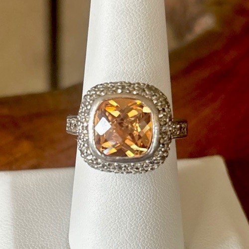 VTG Cushion Cut Citrine Halo Set W/ Rhinestones Silver Ring Size 8 Beauty