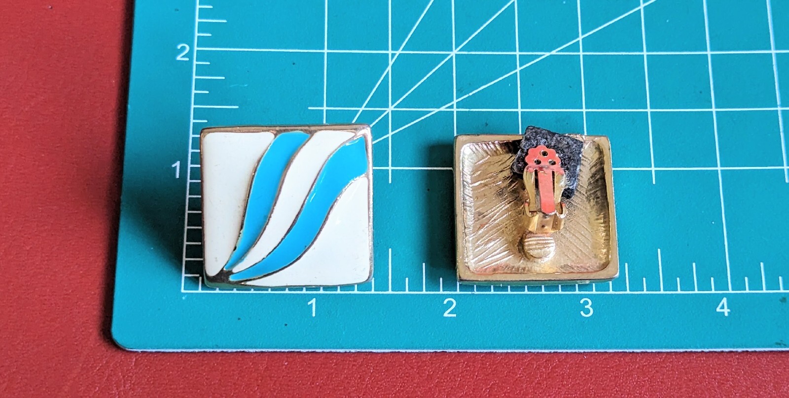 Vintage Large Square Cream Off White Blue Wave Swirl Enamel Clip Earrings Gold