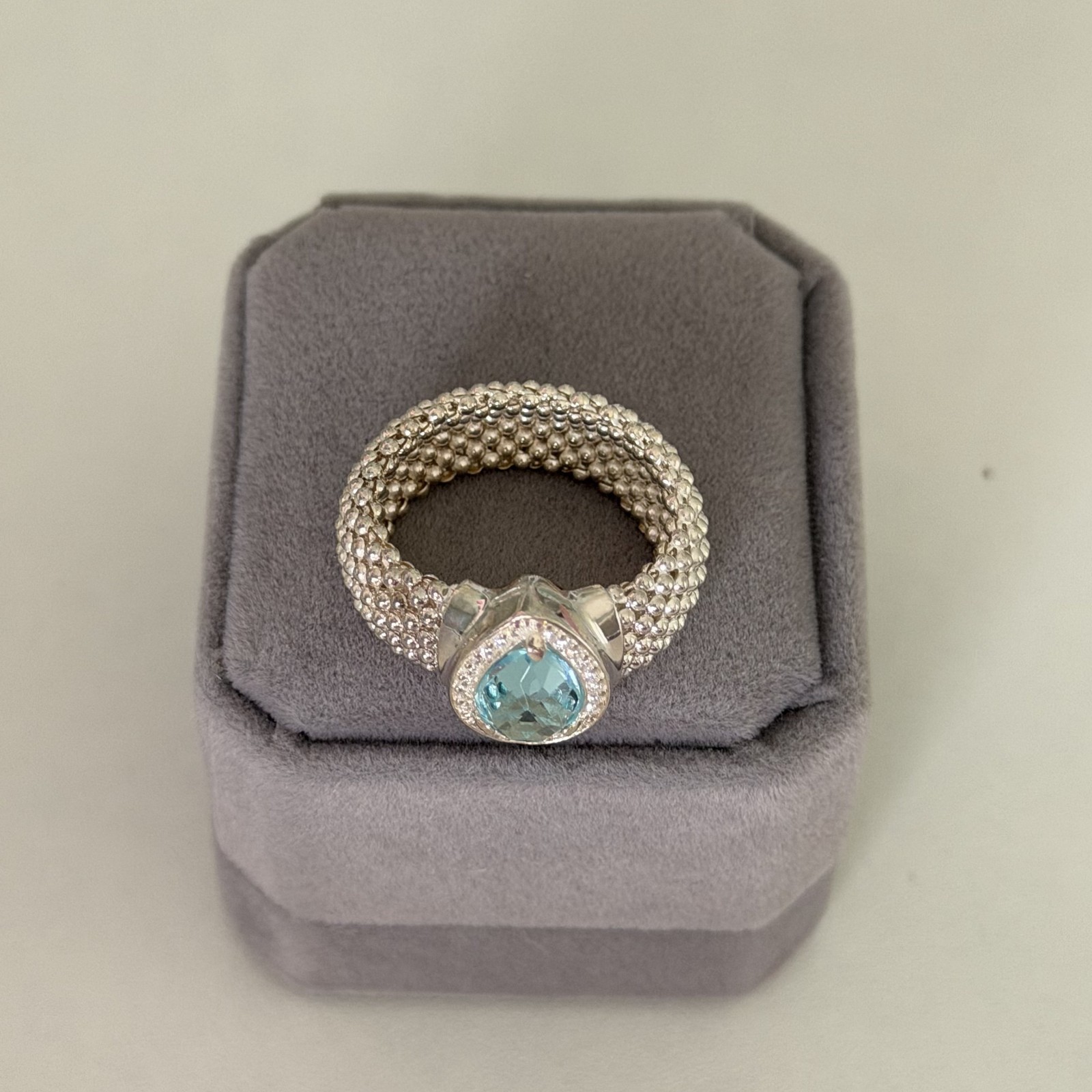 925 Italy Sterling Silver Genuine Blue Topaz Pear White Topaz Mesh Ring Size 9