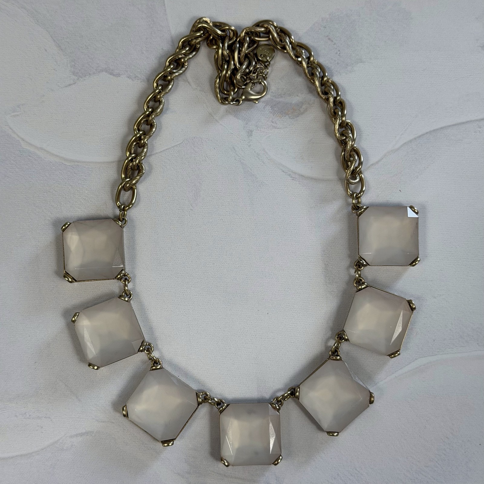 Loft White Acrylic Statement Necklace Faceted Square Bezel-Set Gems VTG 2000s