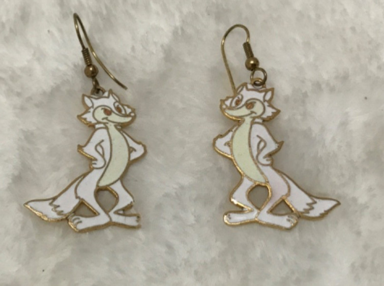 Vintage Enamel Gold White Whimsical Fox Dangle Pierced Earrings
