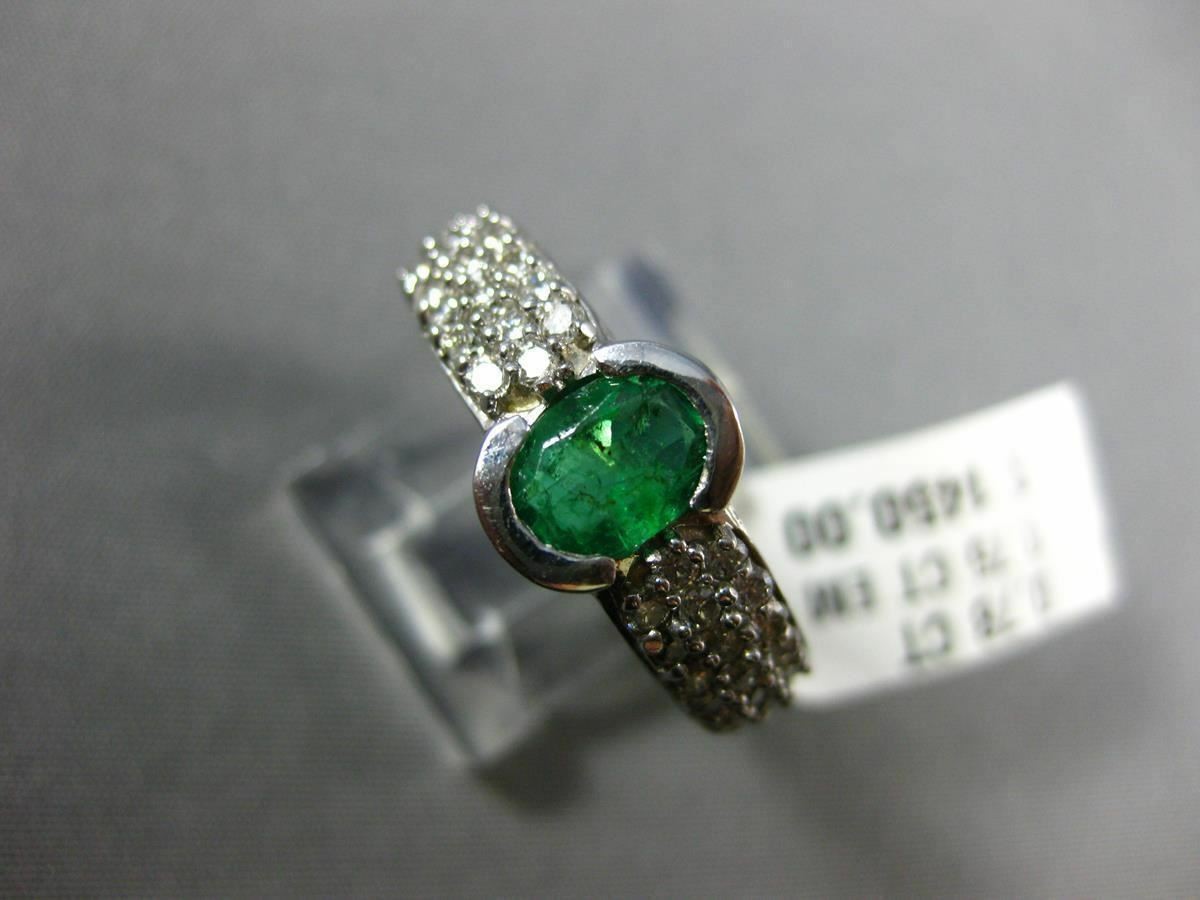 ESTATE 1.53CT DIAMOND & EMERALD 14KT WHITE GOLD OVAL SEMI BEZEL ENGAGEMENT RING