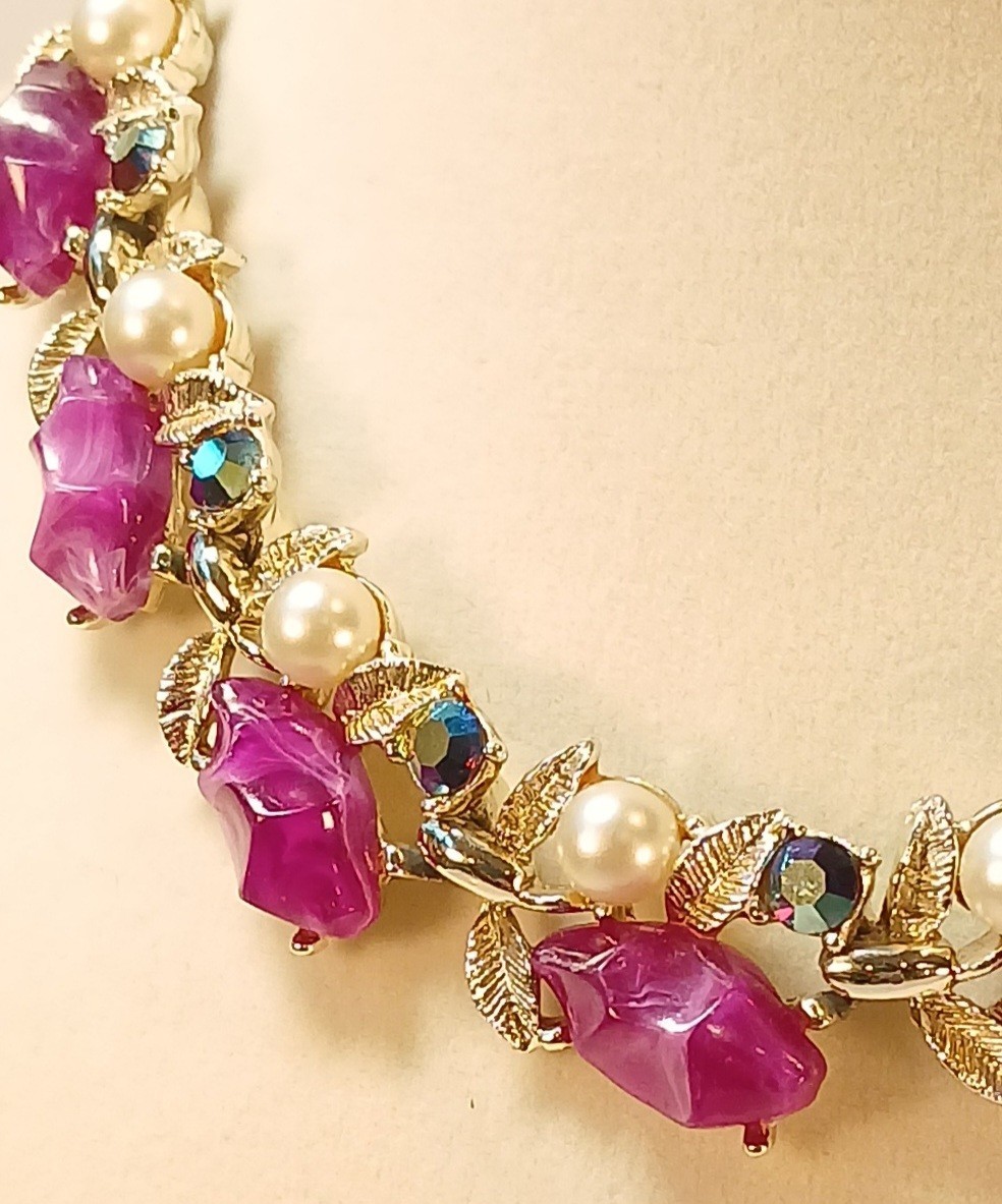 1960s Choker • Purple Lucite Cabochons, Blue AB Stones, And Faux Pearls