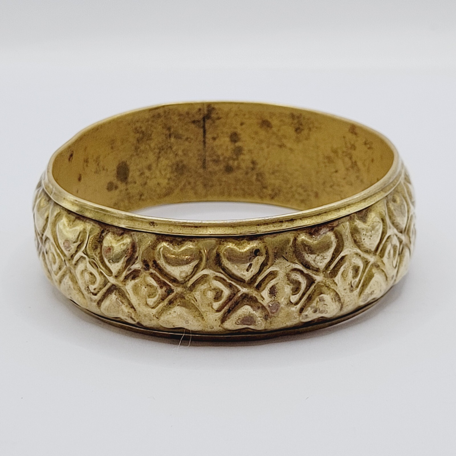 Wide Brass Chunky Bangle Embossed Heart Pattern Vintage Bracelet 8 Inch Approx