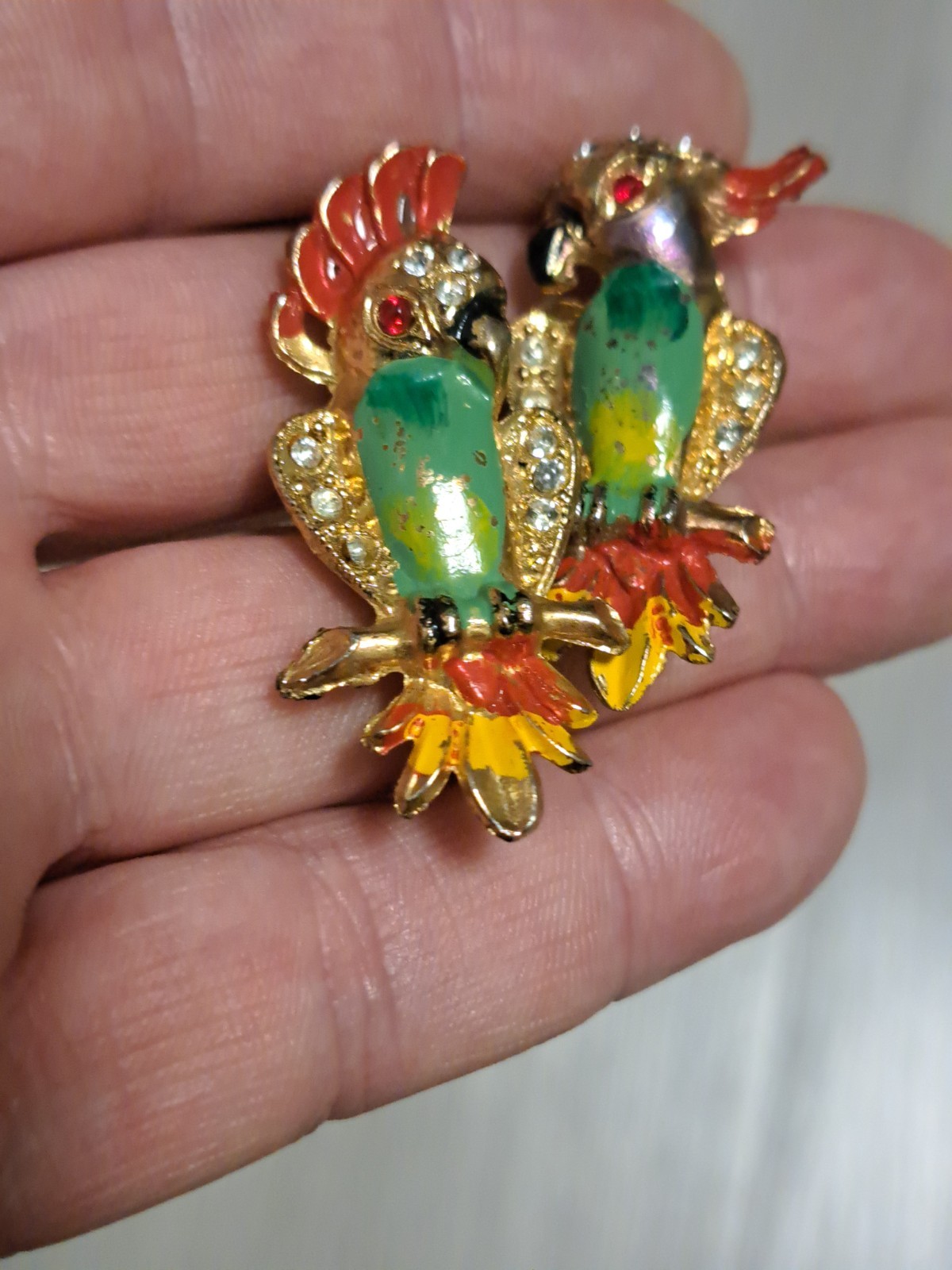 Vintage Rhinestone And Goldtones Pair Of Parrot Brooches