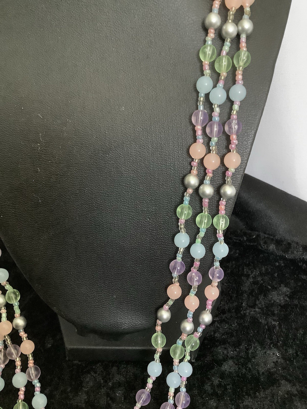 3 Strand Beaded Necklace Light Blue,Pink,Green,Purple And Silver Beads