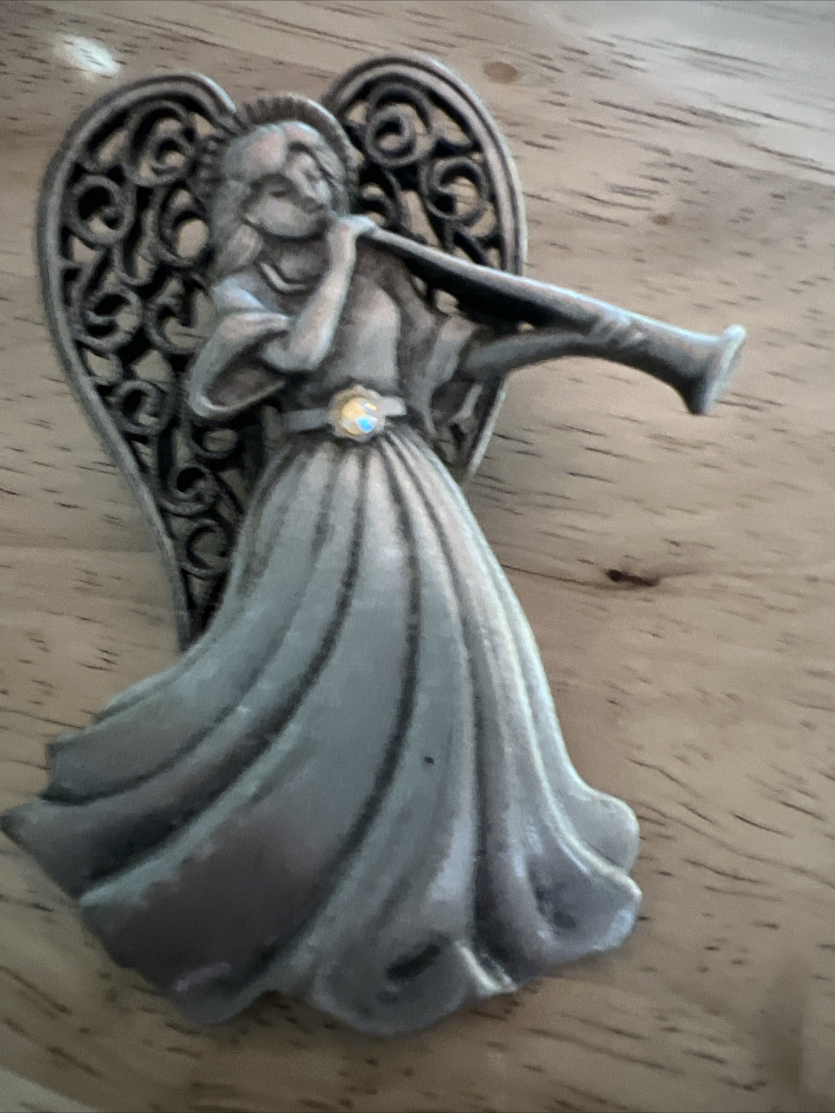JJ Jonette Pewter Angel Brooch Pin Rhinestone Jewelry Vintage, Christmas.