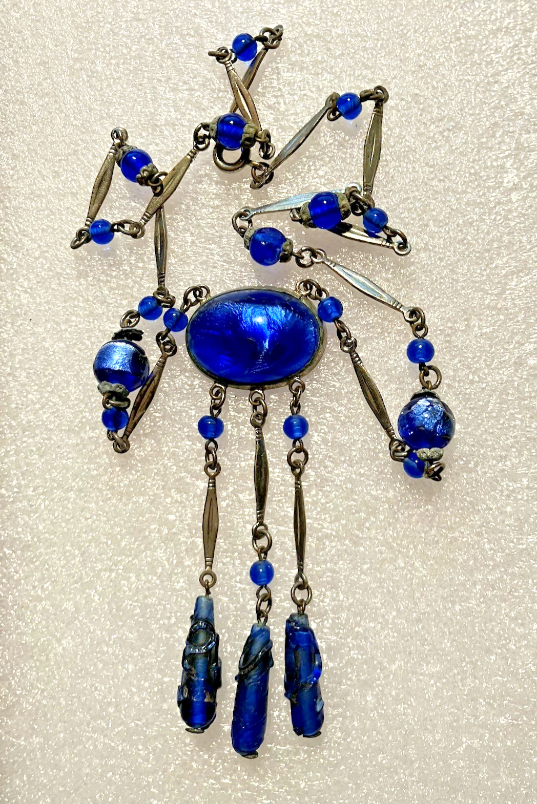 Vtg ART DECO CZECH blue foil GLASS drop pendant NECKLACE 3 “torpedo beads”
