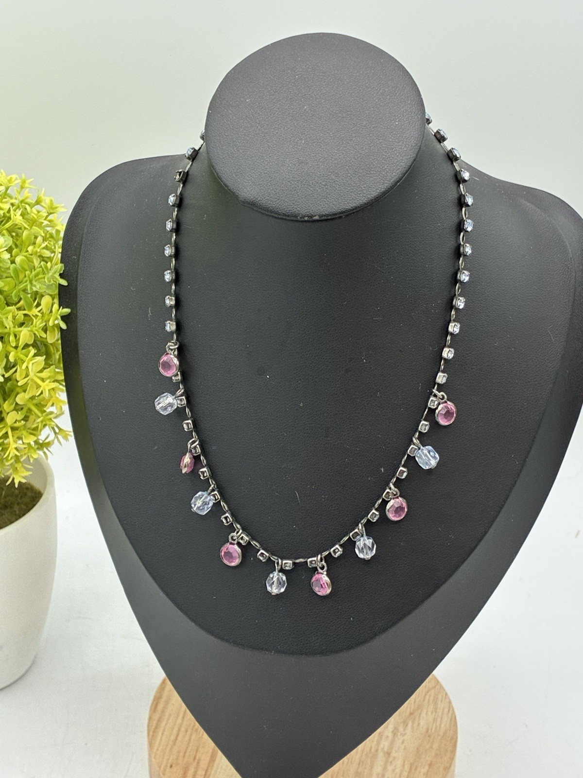 Vintage Rhinestone Chain Necklace Pink Clear Crystal Drops Gunmetal 16”
