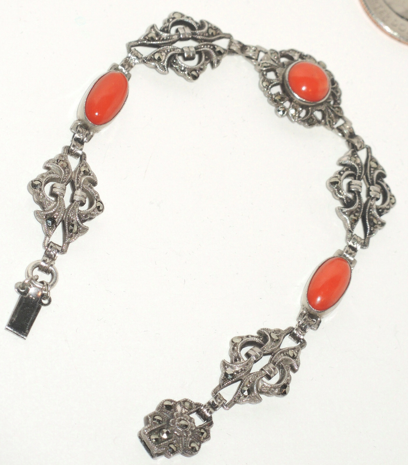 1920’s Art Deco Sterling Openwork Links Bracelet with Coral & Marcasites