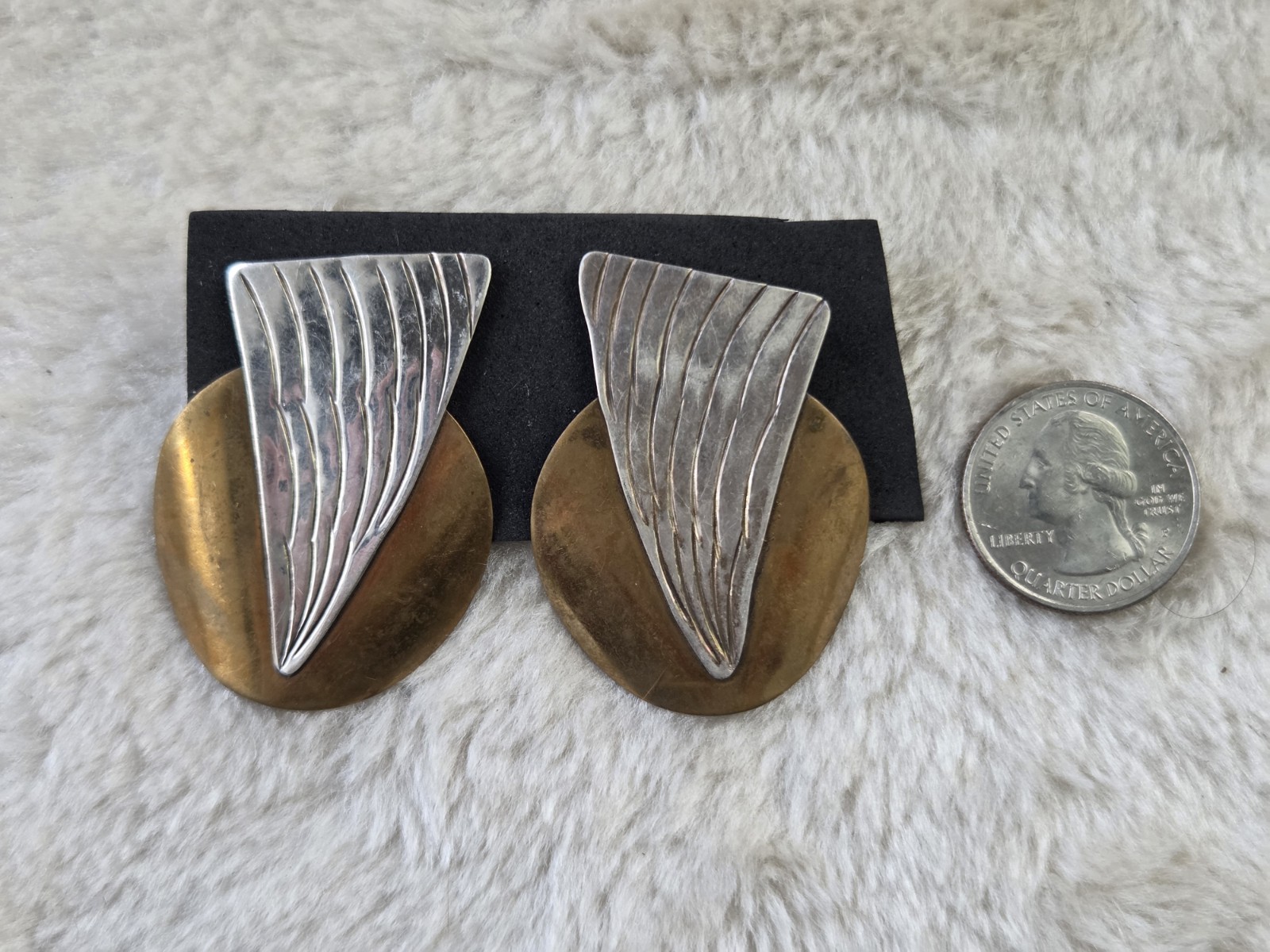 🖤Vintage Modernist Sterling Silver Brass Mixed Metal Abstract Gallery Earrings