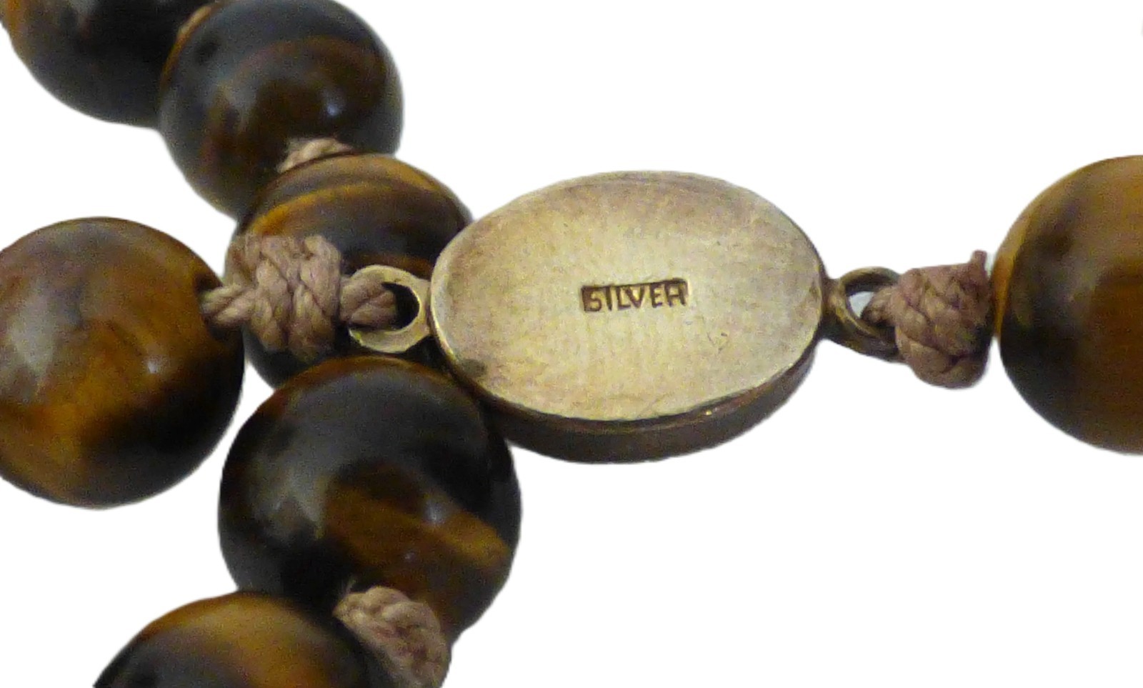 1960s Tiger’s Eye Gemstone Hand knotted GOLD VERMEIL on SILVER clasp Necklace