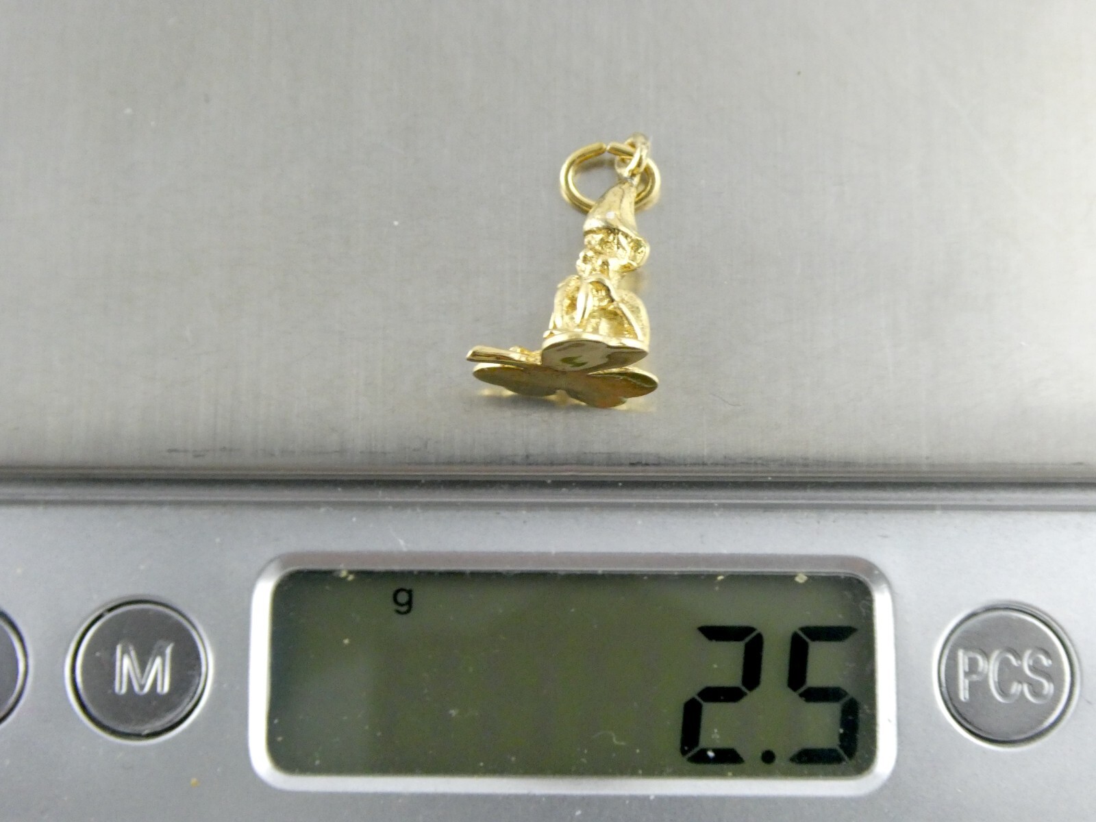 Vintage Gilt Sterling Silver Sitting Elf or Leprechaun Shamrock Pendant Charm