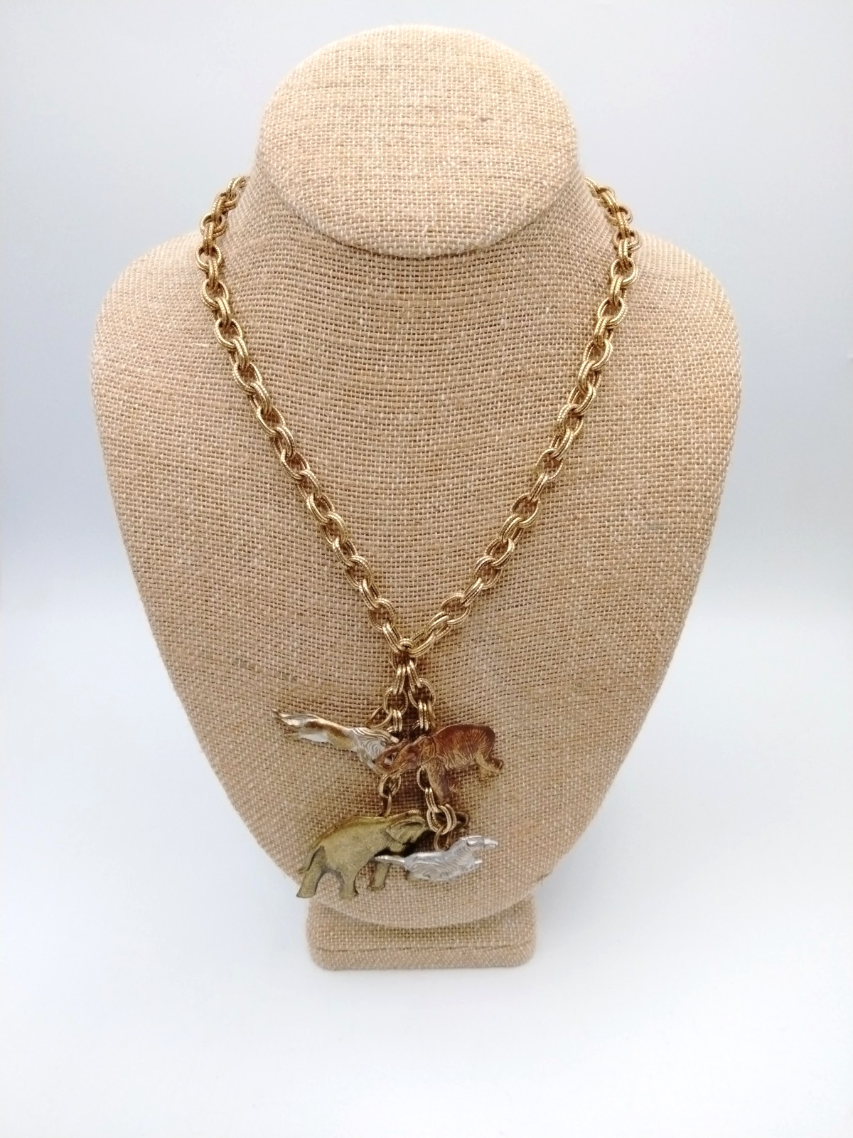 Vintage Gold Tone Safari Animal Charm Necklace Elephant Zebra Lion 18″ Statement