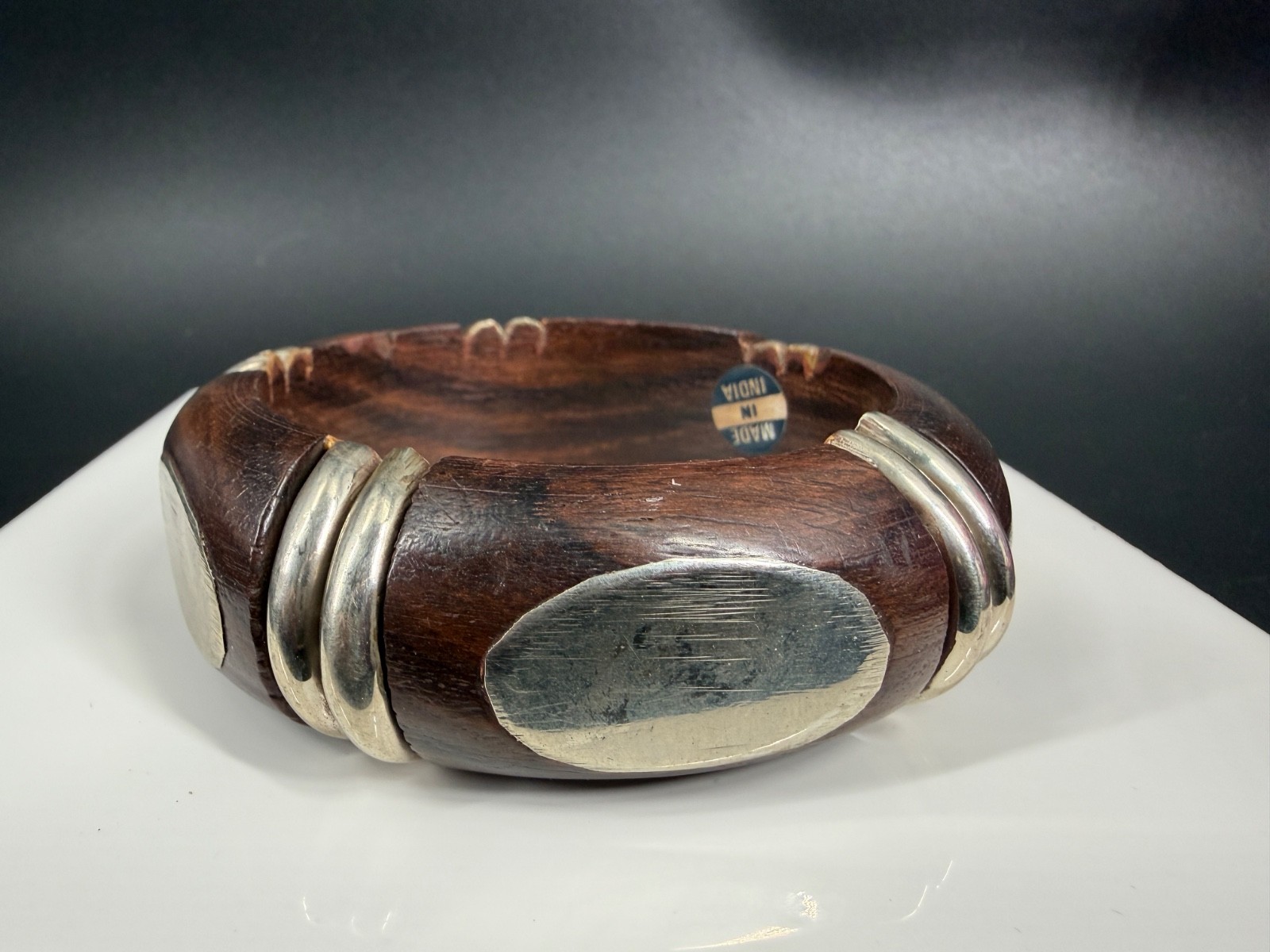 Vintage India Wood Silver Tone Bangle Bracelet Chunky Tribal Boho Statement 8″